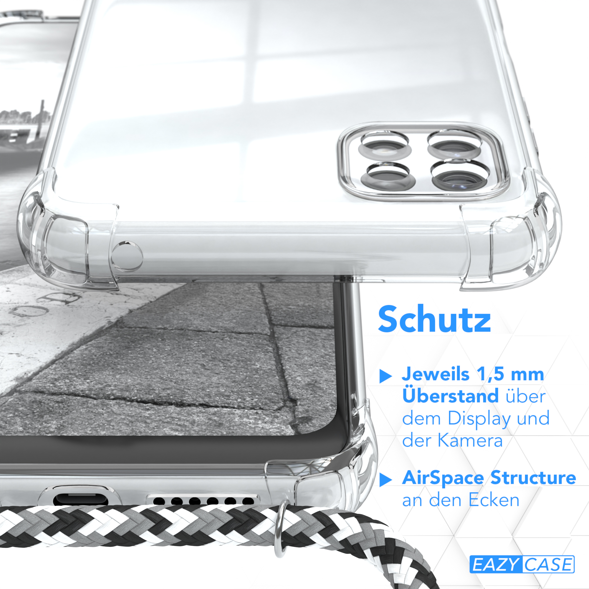 Transparente Handyhülle mit schwarz-weißem Band, Text 'Schutz' und Details.