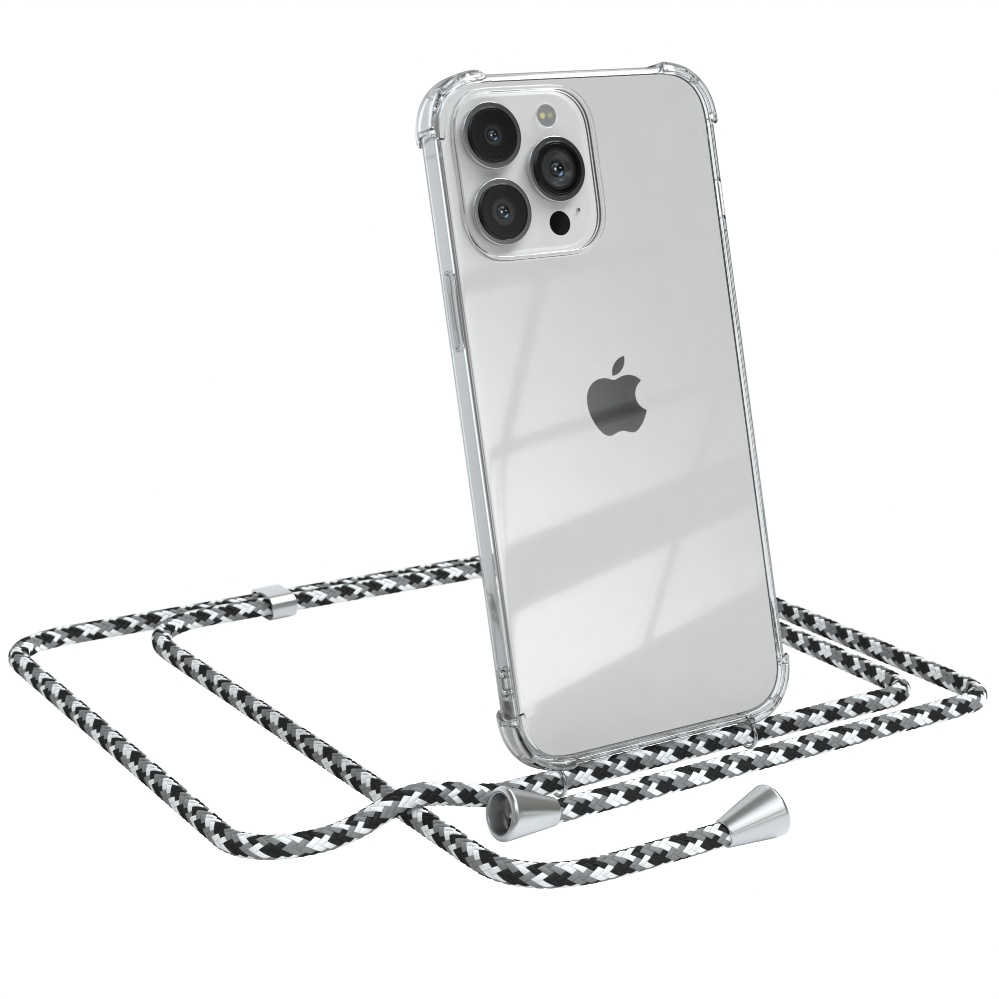 Transparente Handyhülle mit schwarz-weißem Kordelband. Ein iPhone ist im Case.