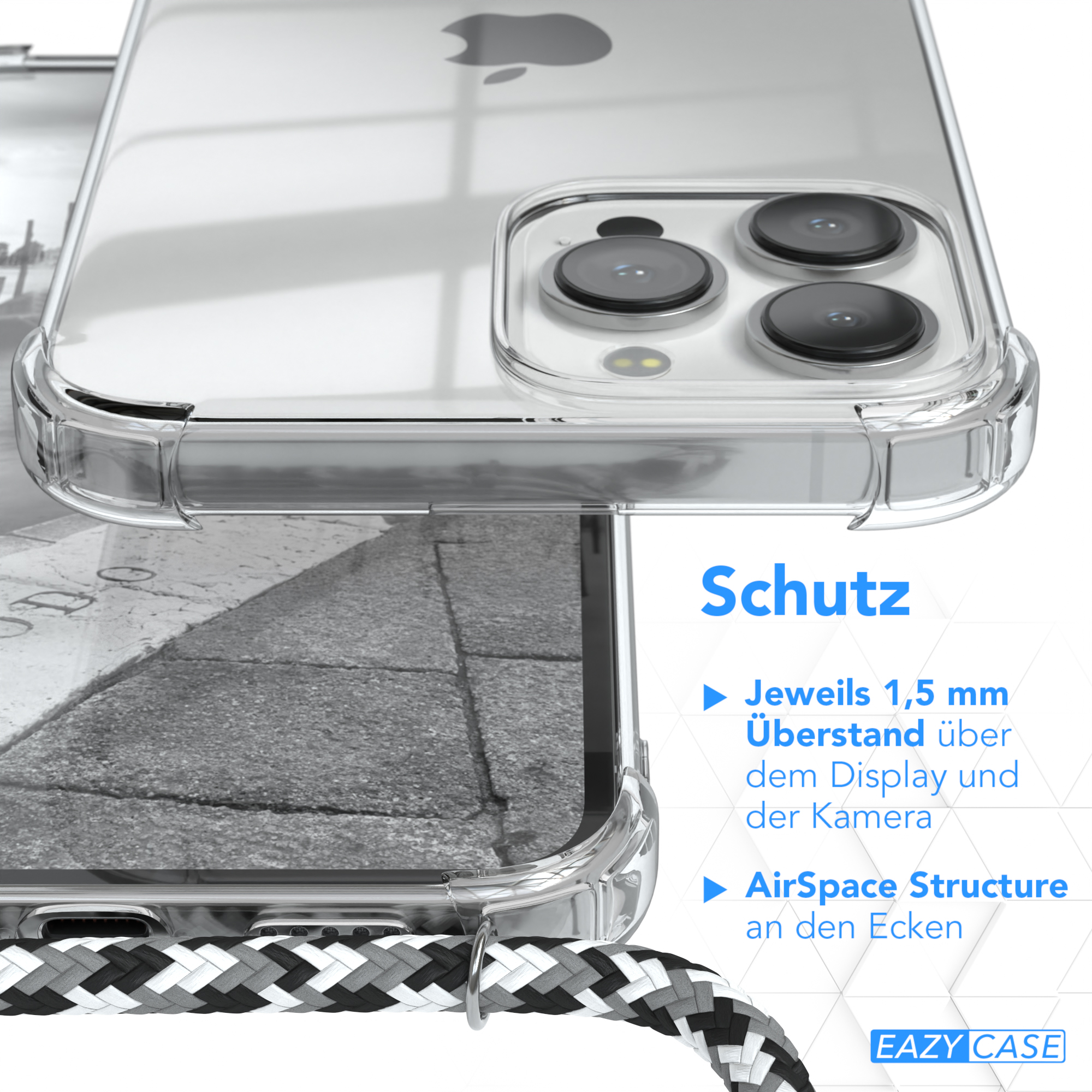 Transparente Handyhülle mit Schutzdetails. Nahaufnahme der Hülle mit schwarz-weißem Band.