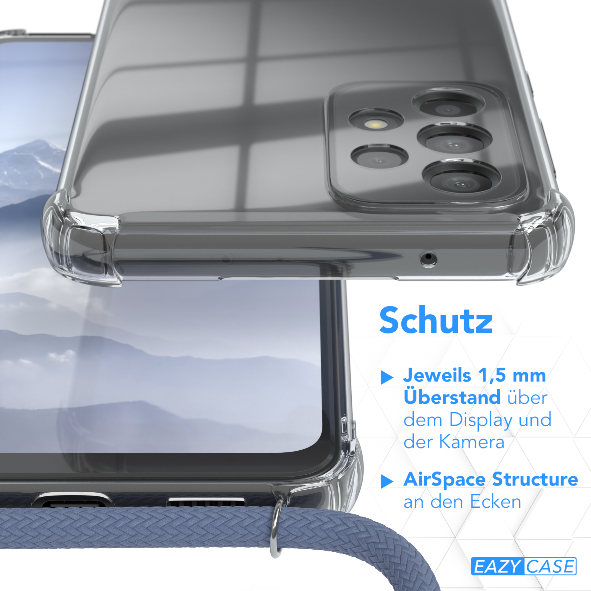 Transparente Handyhülle. Die Hülle schützt das Telefon. Creme-schwarzes geflochtenes Schlüsselband.