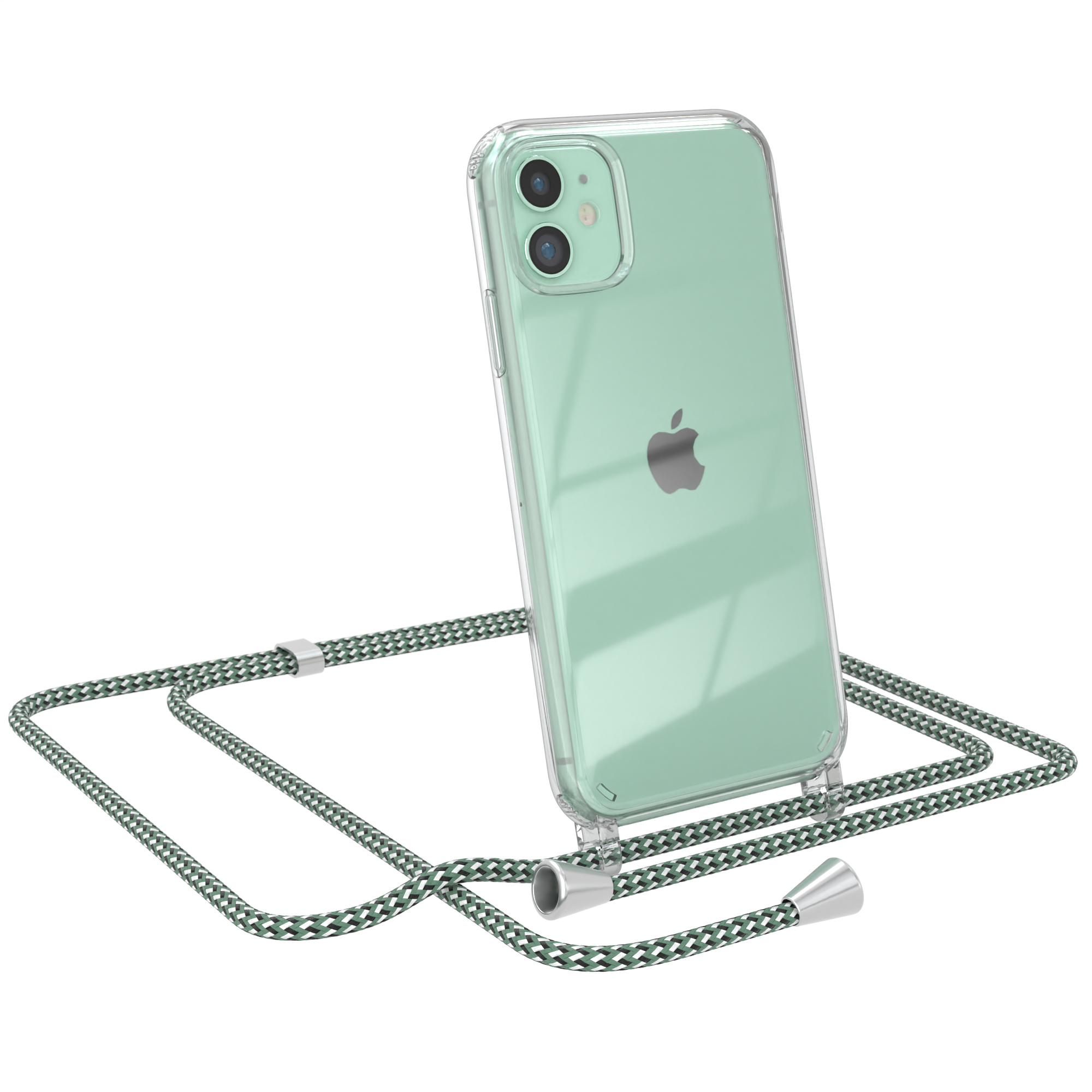 Transparente Handyhülle mit grünem Kordel. Apple-Telefon mit zwei Kameras.