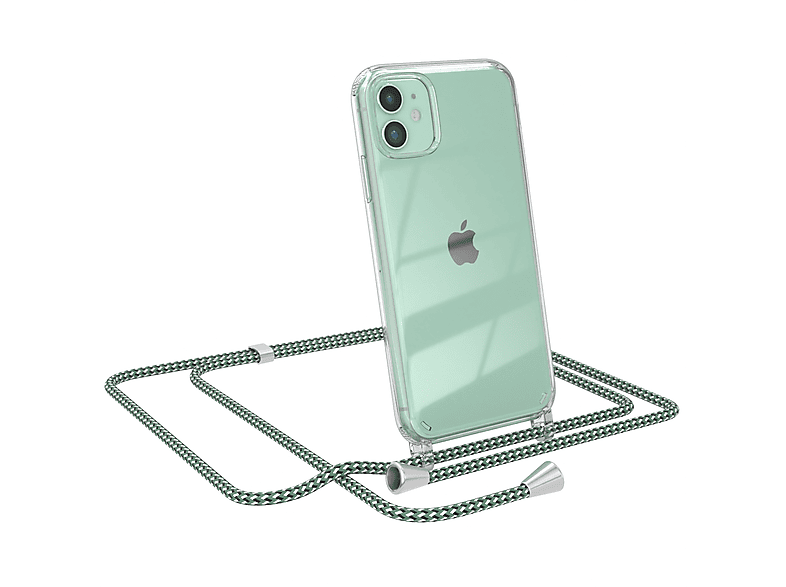 EAZY CASE Clear Cover mit Umhängeband, Umhängetasche, Apple, iPhone 11, Grün Weiß