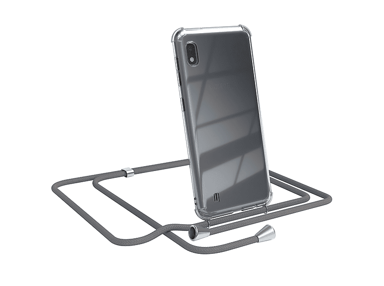 EAZY CASE Clear Cover mit Umhängeband, Umhängetasche, Samsung, Galaxy A10, Grau / Clips Silber