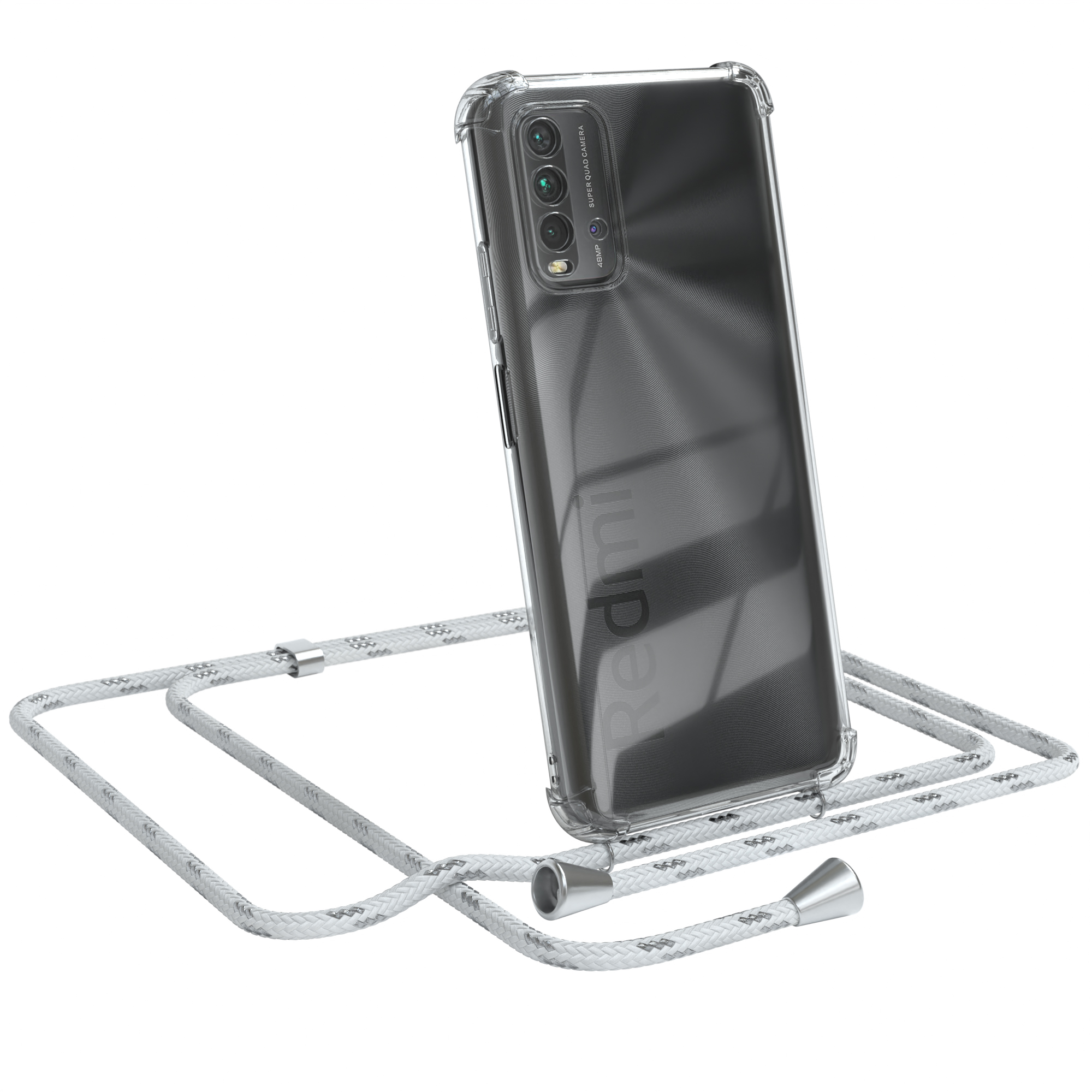 Redmi-Telefon in einer transparenten Hülle mit weißem Schlüsselband. Das Telefon ist auf weißem Hintergrund.