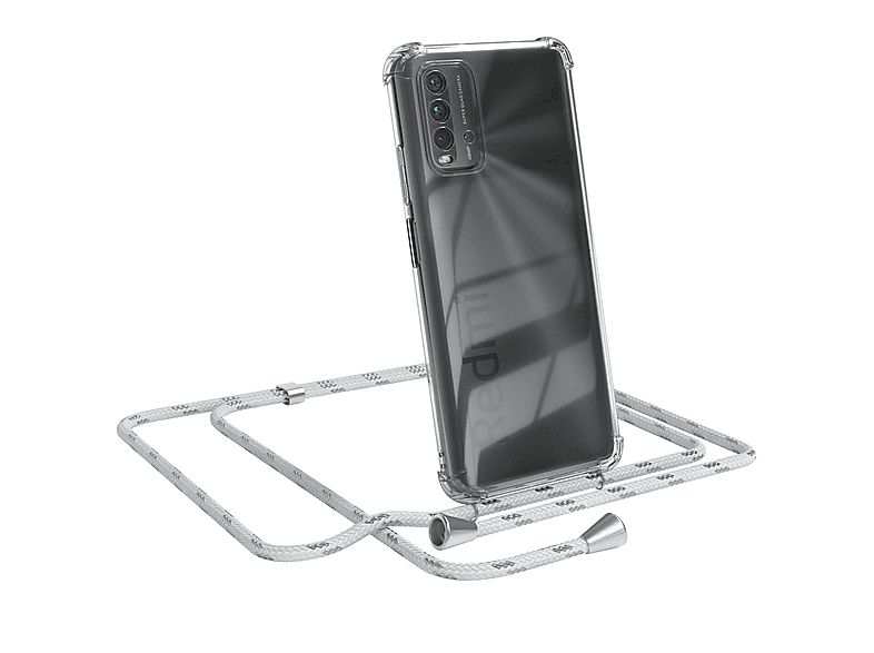 EAZY CASE Clear Cover mit Umhängeband, Umhängetasche, Xiaomi, Redmi 9T, Weiß / Clips Silber | Handyketten