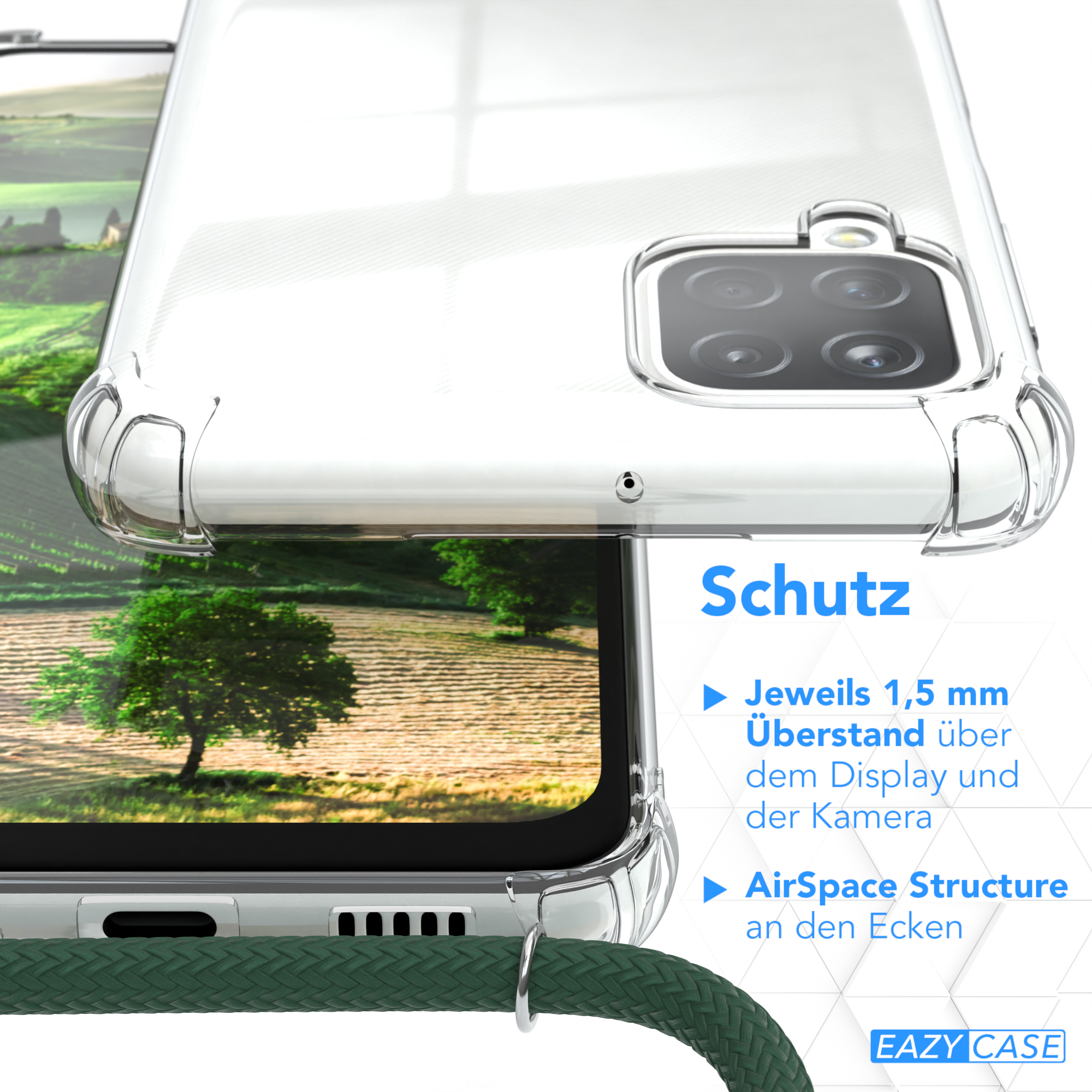 Grün Umhängetasche, CASE Samsung, Galaxy Cover EAZY mit Clear Umhängeband, A12, Olive