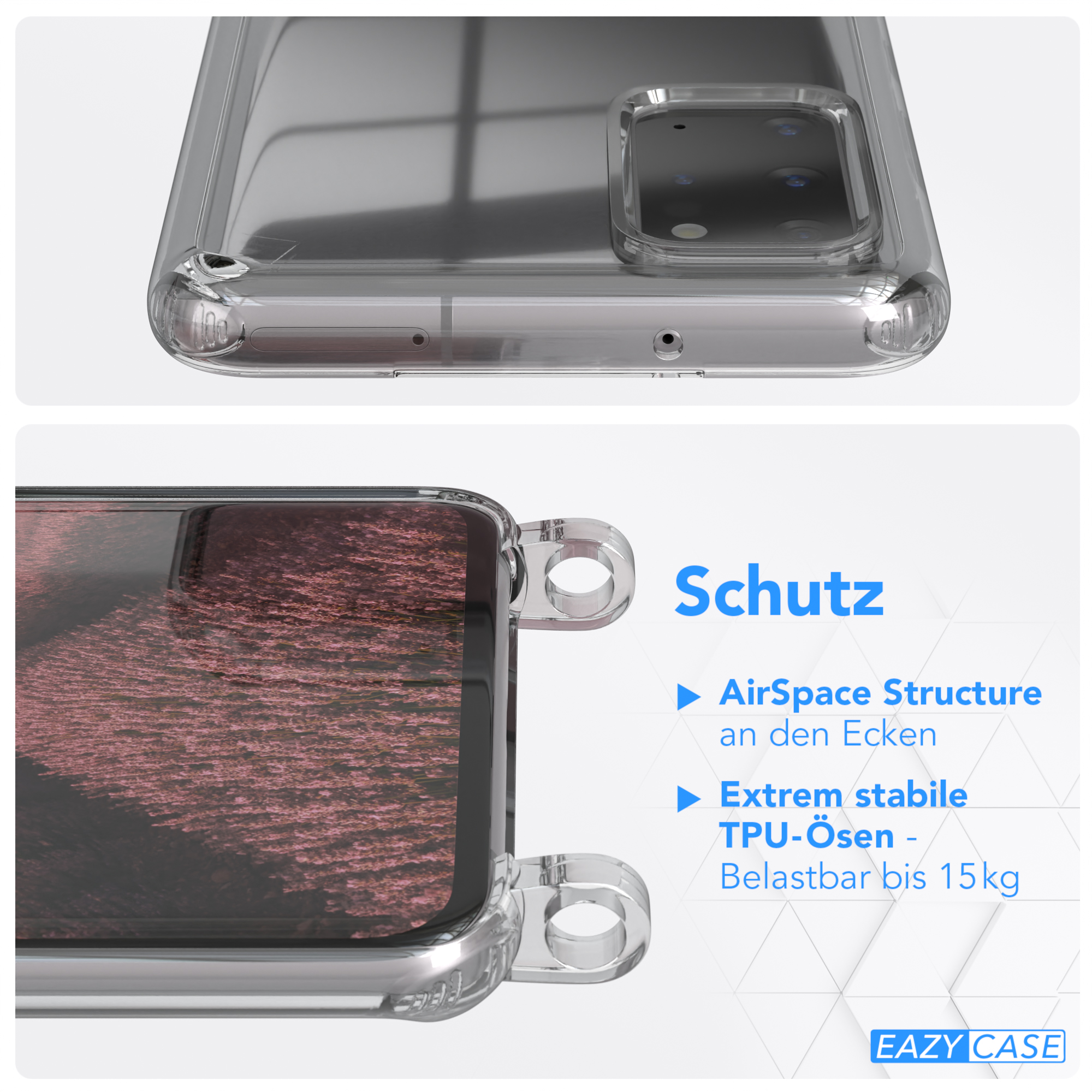 Transparente Handyhülle mit Text, AirSpace Structure und TPU-Ösen. Nahaufnahme eines Telefons.
