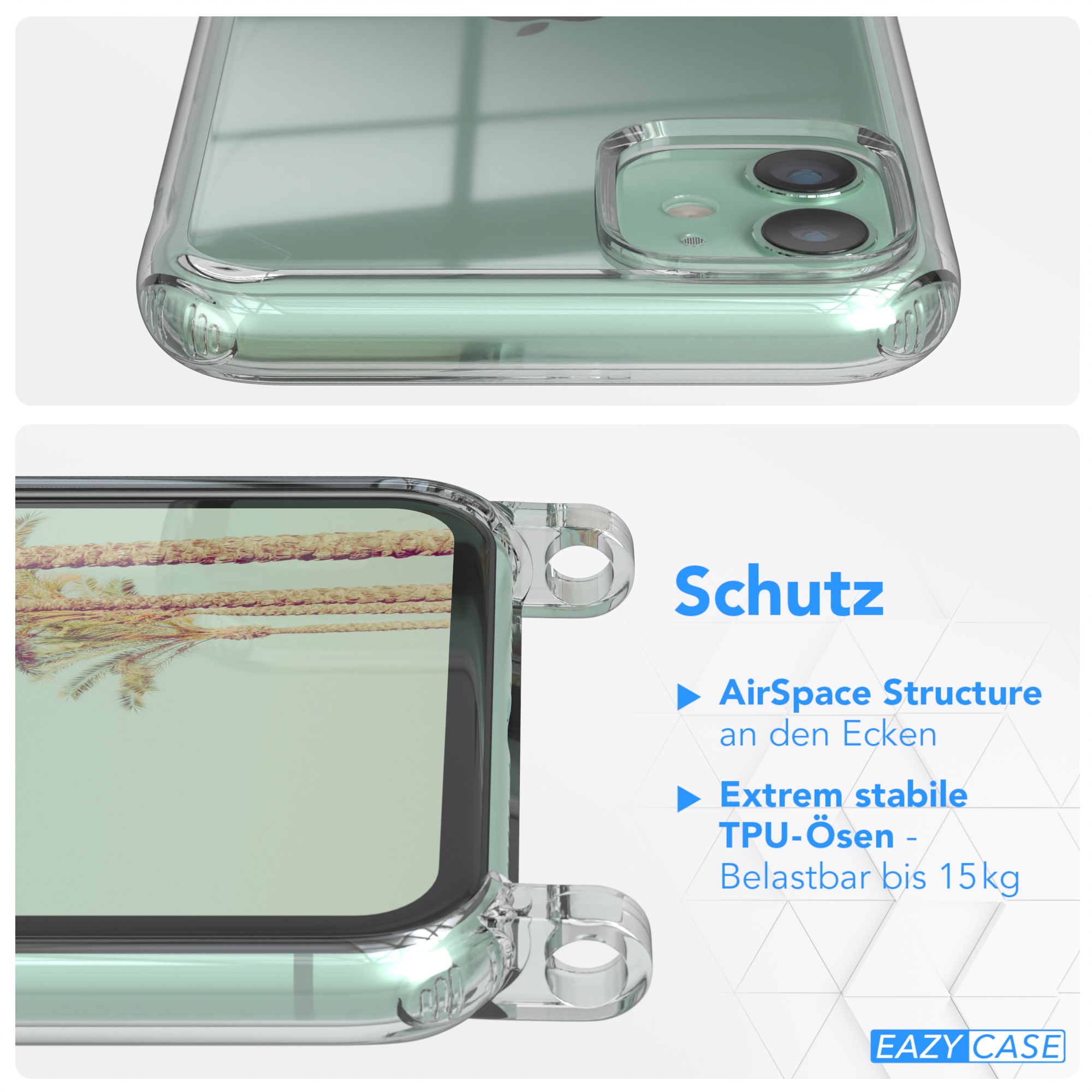 Nahaufnahme einer transparenten Handyhülle. Text: Schutz, AirSpace-Struktur und TPU-Ösen.
