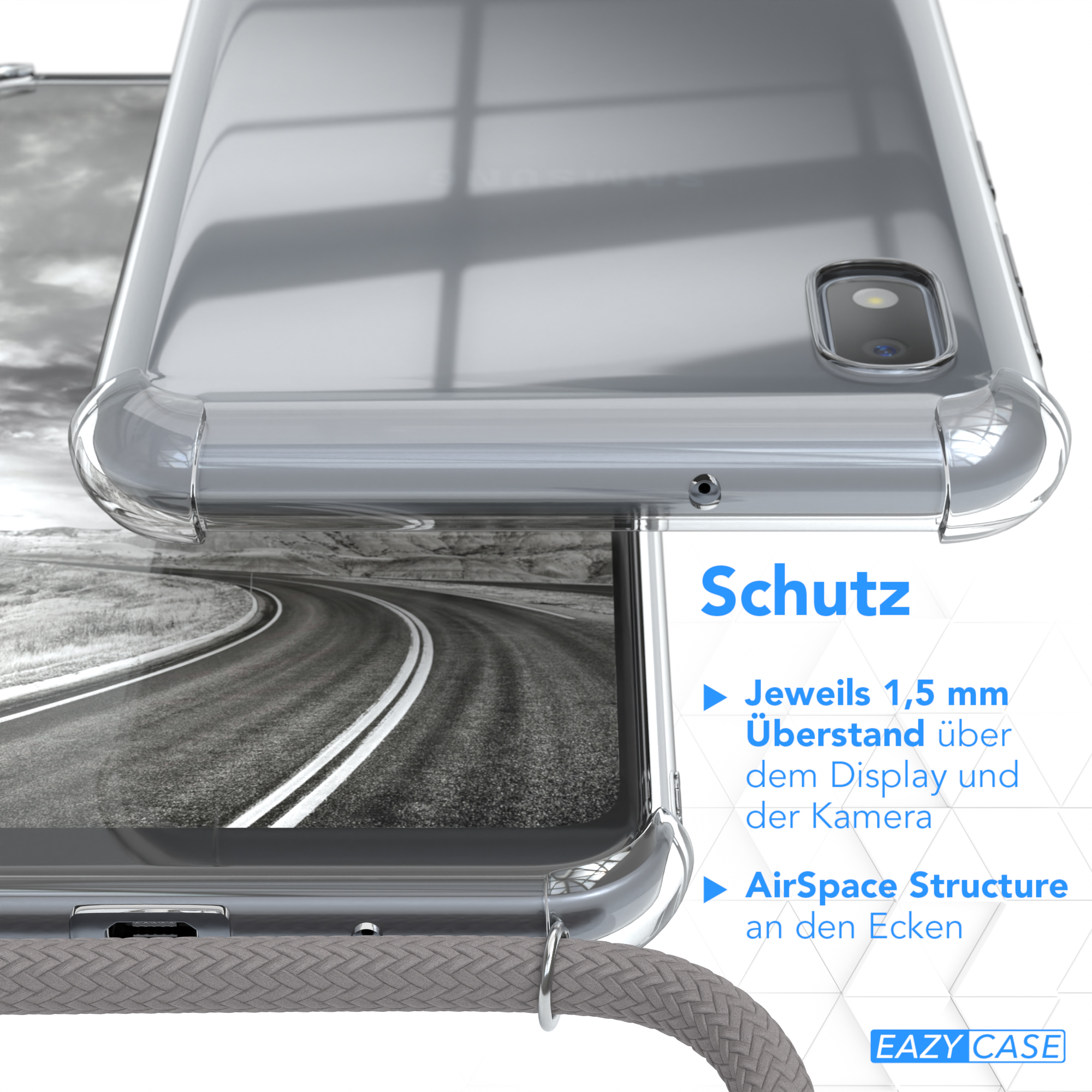 Klare Handyhülle über Straßenbild. Text: Schutz, AirSpace Struktur, 1,5 mm Display und Kamera.