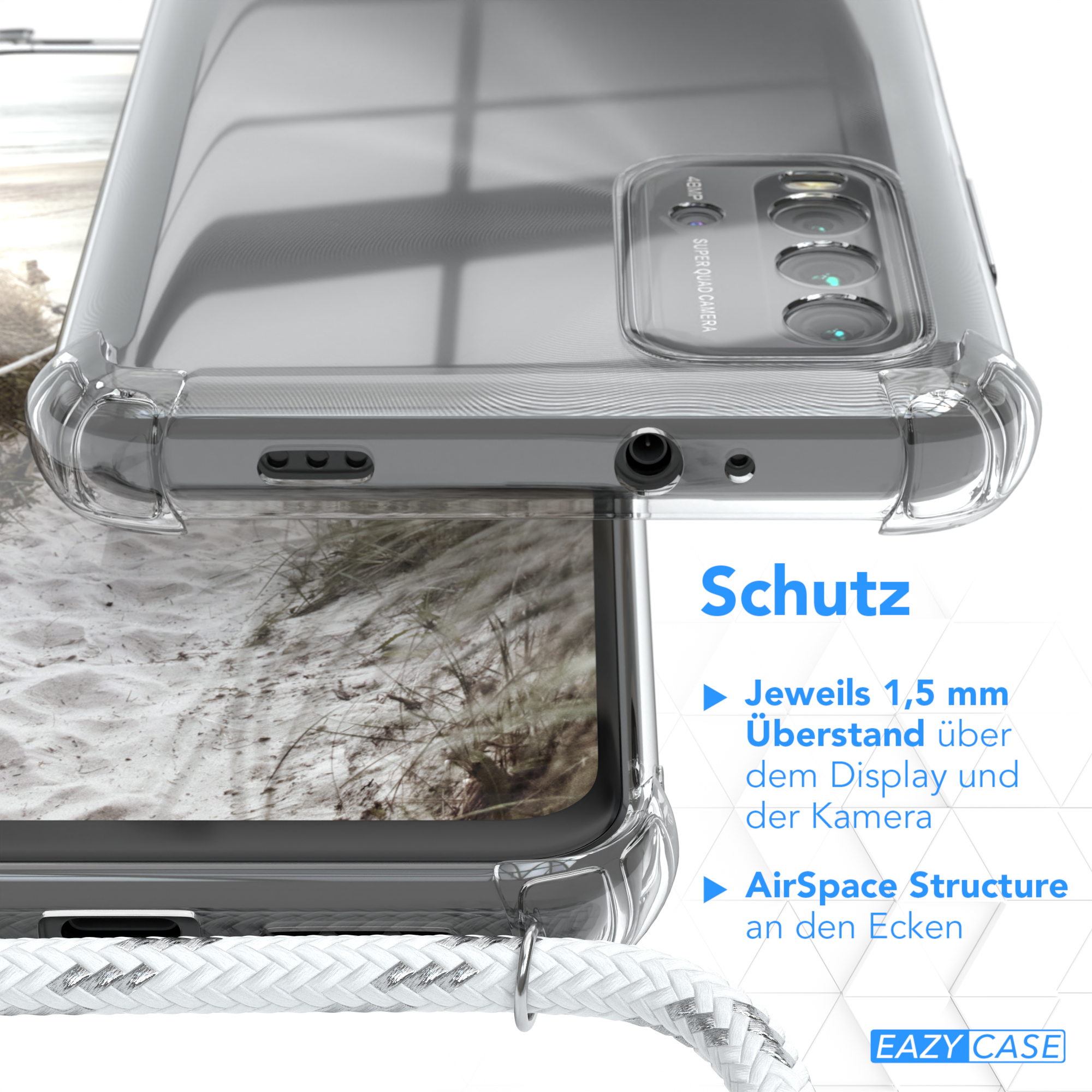 EAZY CASE Clear Clips Cover Umhängeband, 9T, Xiaomi, mit Silber / Redmi Umhängetasche, Weiß