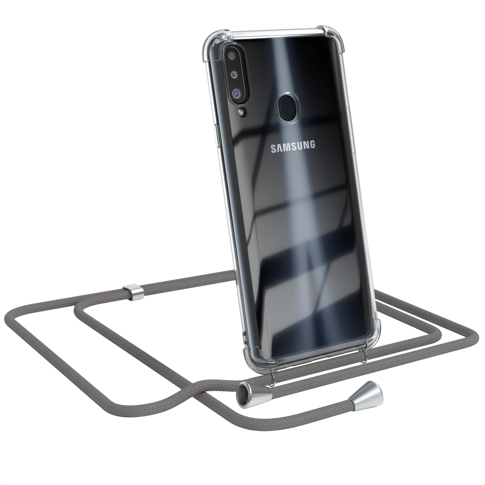 Transparente Handyhülle mit grauem Band. Ein Samsung-Logo ist sichtbar.