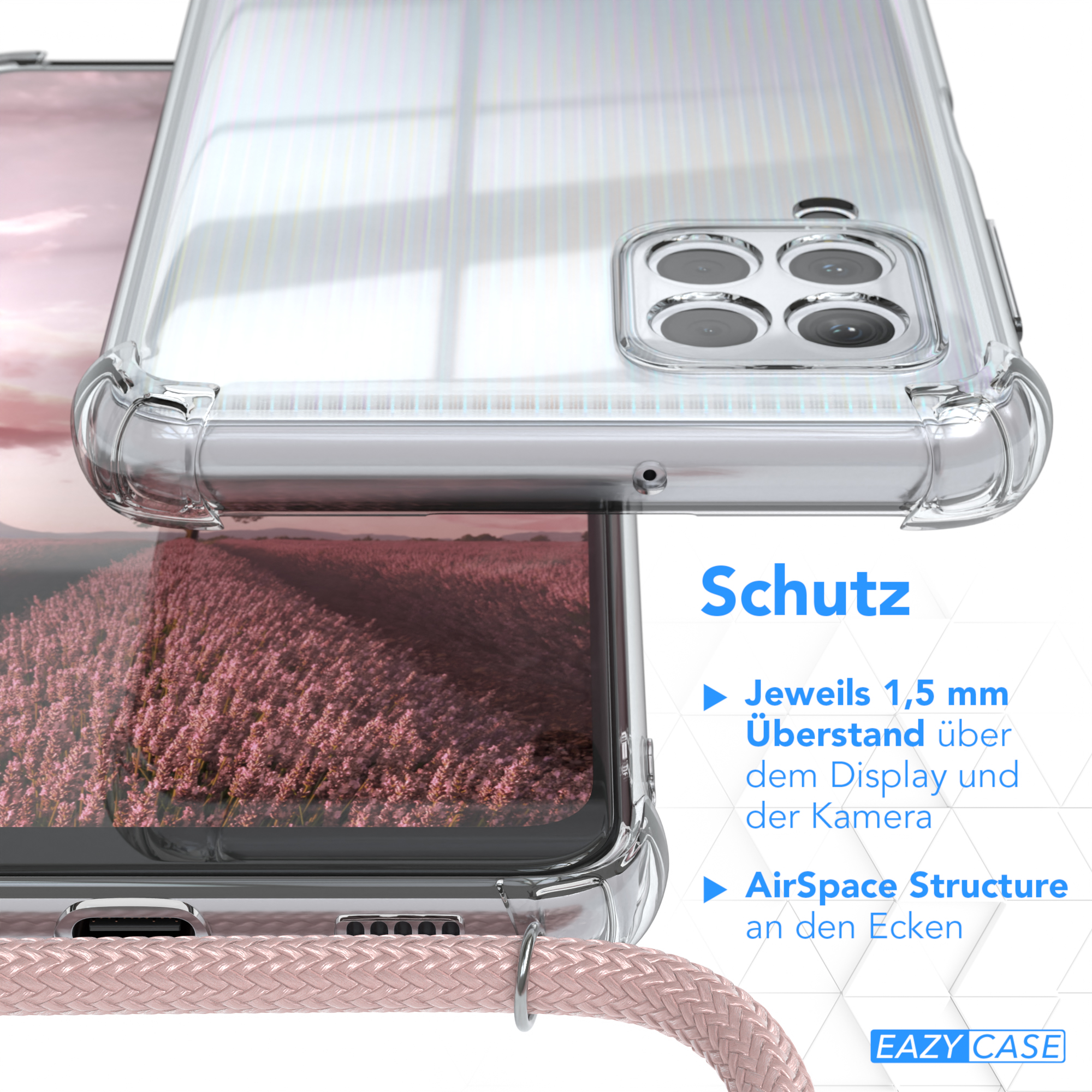 Handyhülle mit Text. Text: Schutz. Übersetzung: Schutz. Zeigt Details des Gehäuses.