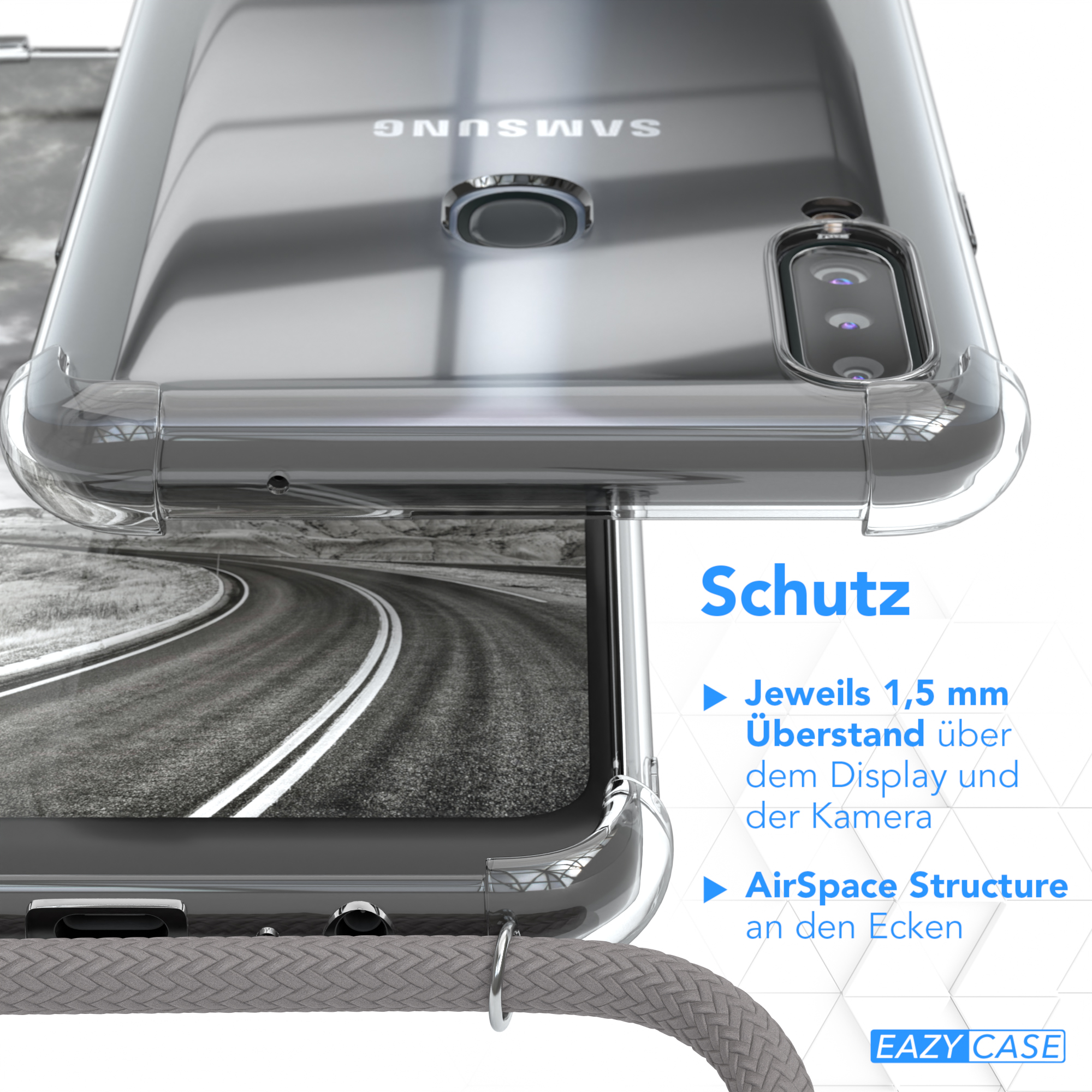 Umhängetasche, EAZY / A20s, CASE Galaxy Samsung, Cover Clips Grau Clear mit Umhängeband, Silber