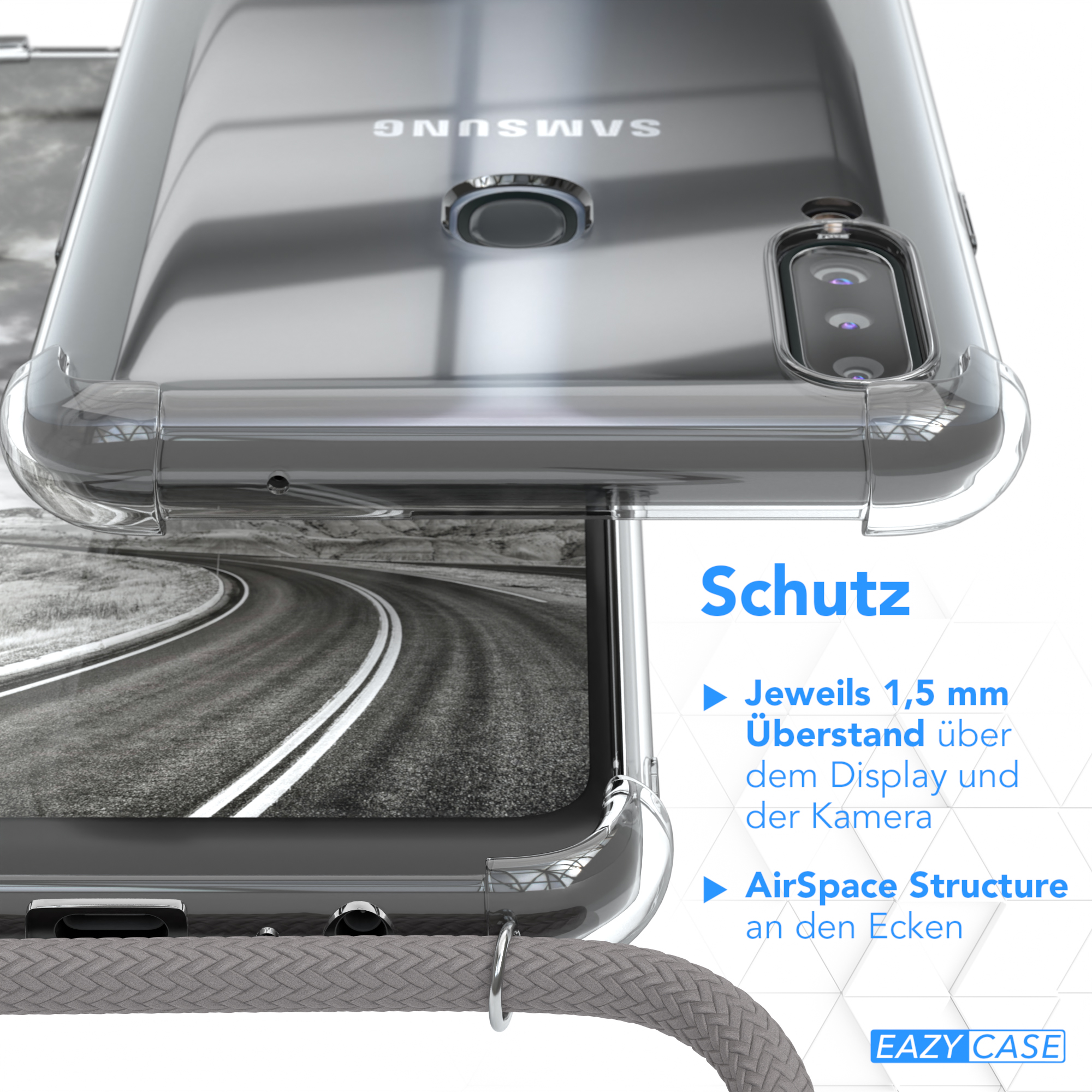 Nahaufnahme der Handyhülle. Text: Schutz. Merkmale: 1,5 mm Display- und Kameraschutz.