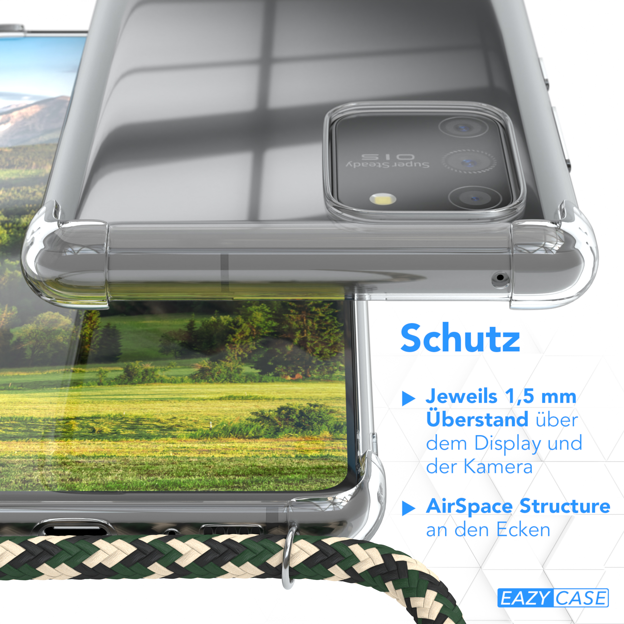 Nahaufnahme einer Handyhülle mit Band. Text über Schutz.