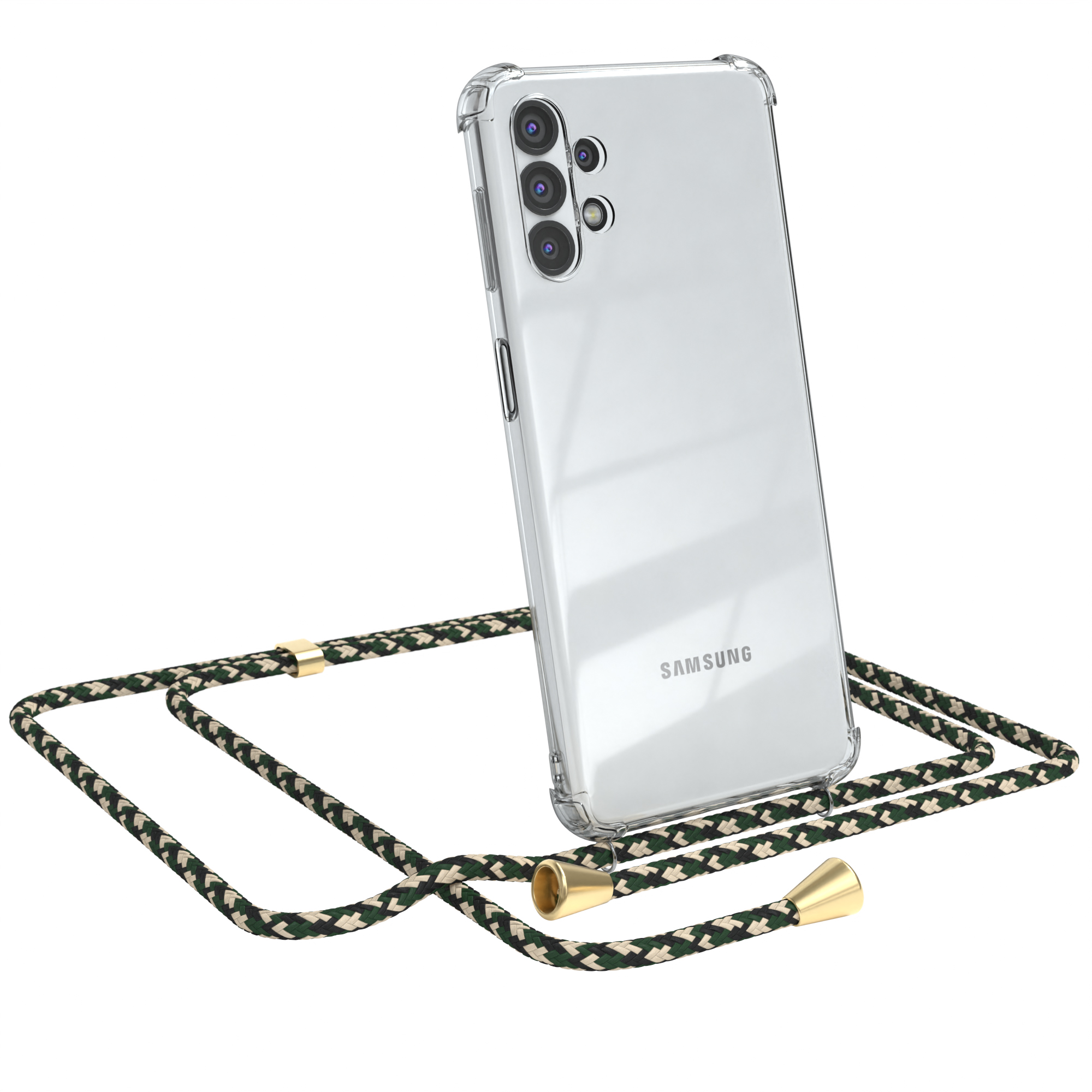 Transparente Handyhülle mit grünem Kabel. Telefon ist angewinkelt, zeigt die Rückkameras.