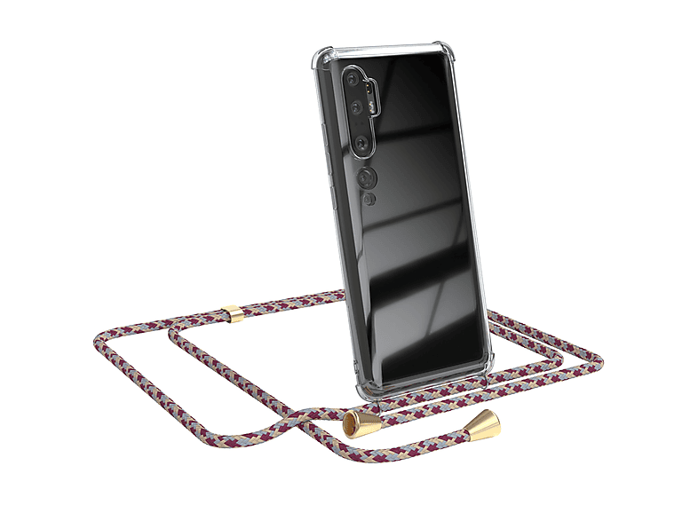 EAZY CASE Clear Cover mit Umhängeband, Umhängetasche, Xiaomi, Mi Note 10 / Mi Note 10 Pro, Rot Beige Camouflage / Clips Gold