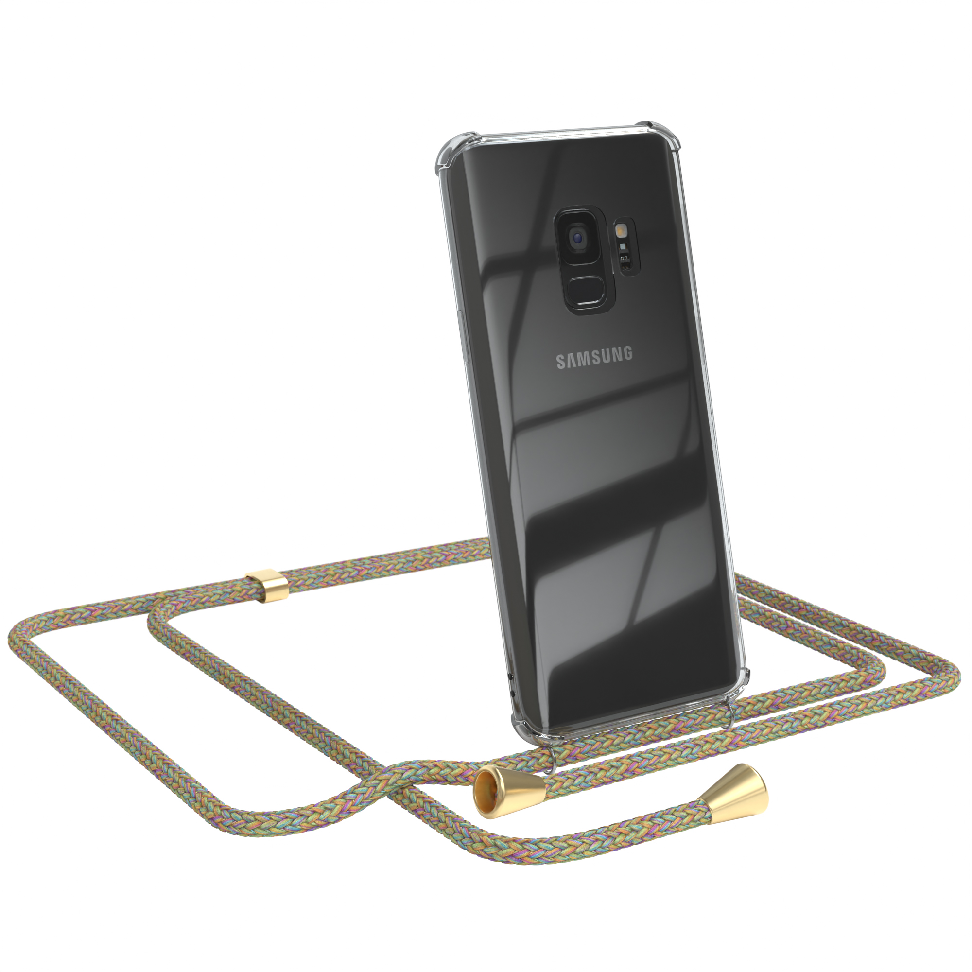 Telefon in einer transparenten Hülle mit mehrfarbigem Lanyard. Weißer Hintergrund.