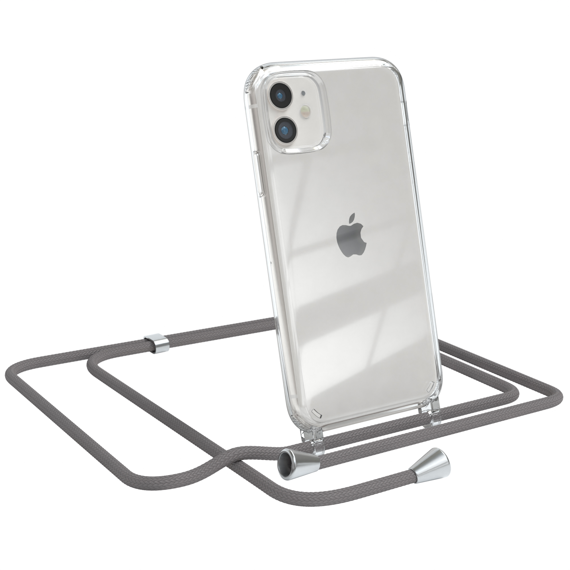 Eine transparente Handyhülle mit grauem Lanyard. Das Telefon ist ein Apple iPhone.