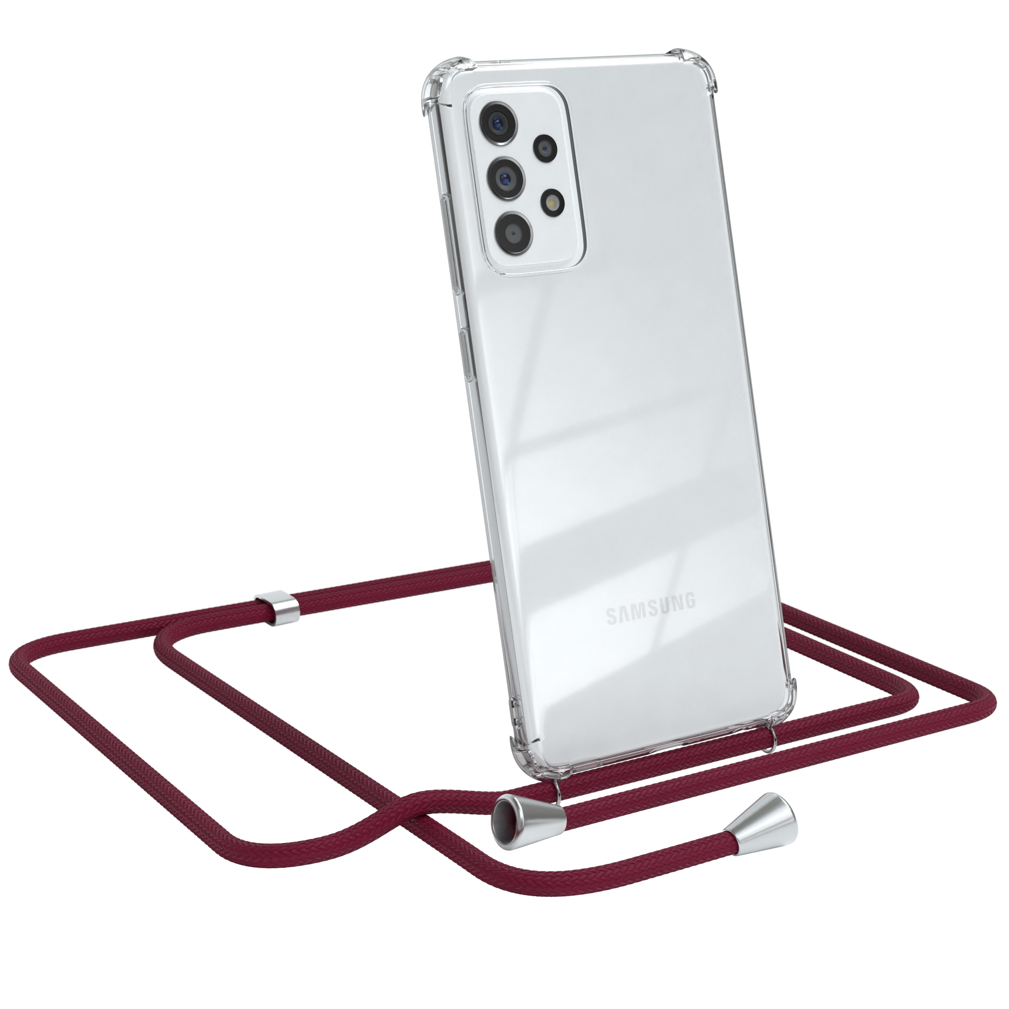 Transparente Handyhülle mit weinrotem Umhängeband. Samsung-Telefon abgewinkelt.