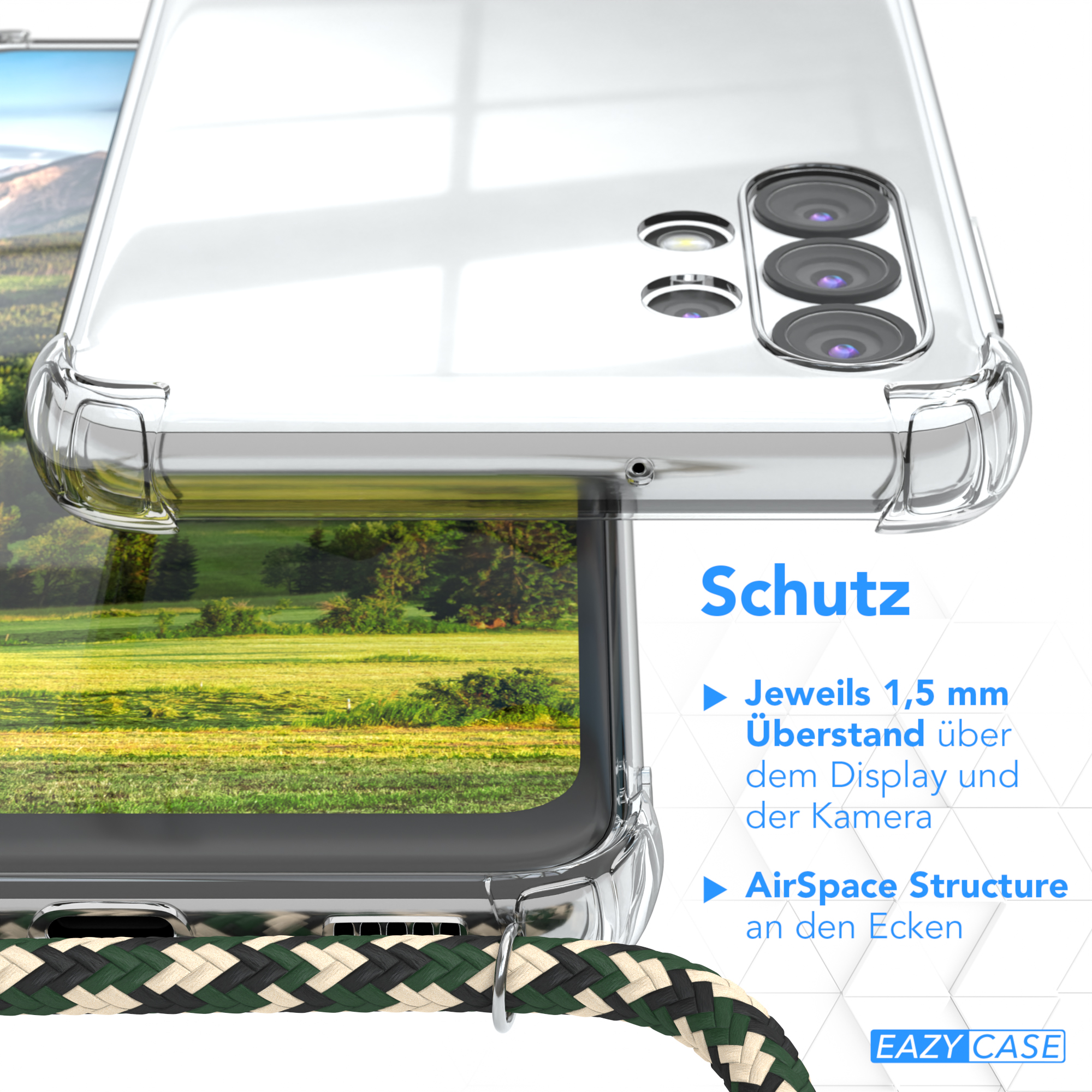 Nahaufnahme einer Handyhülle mit Rand, Text und EAZY CASE Logo.