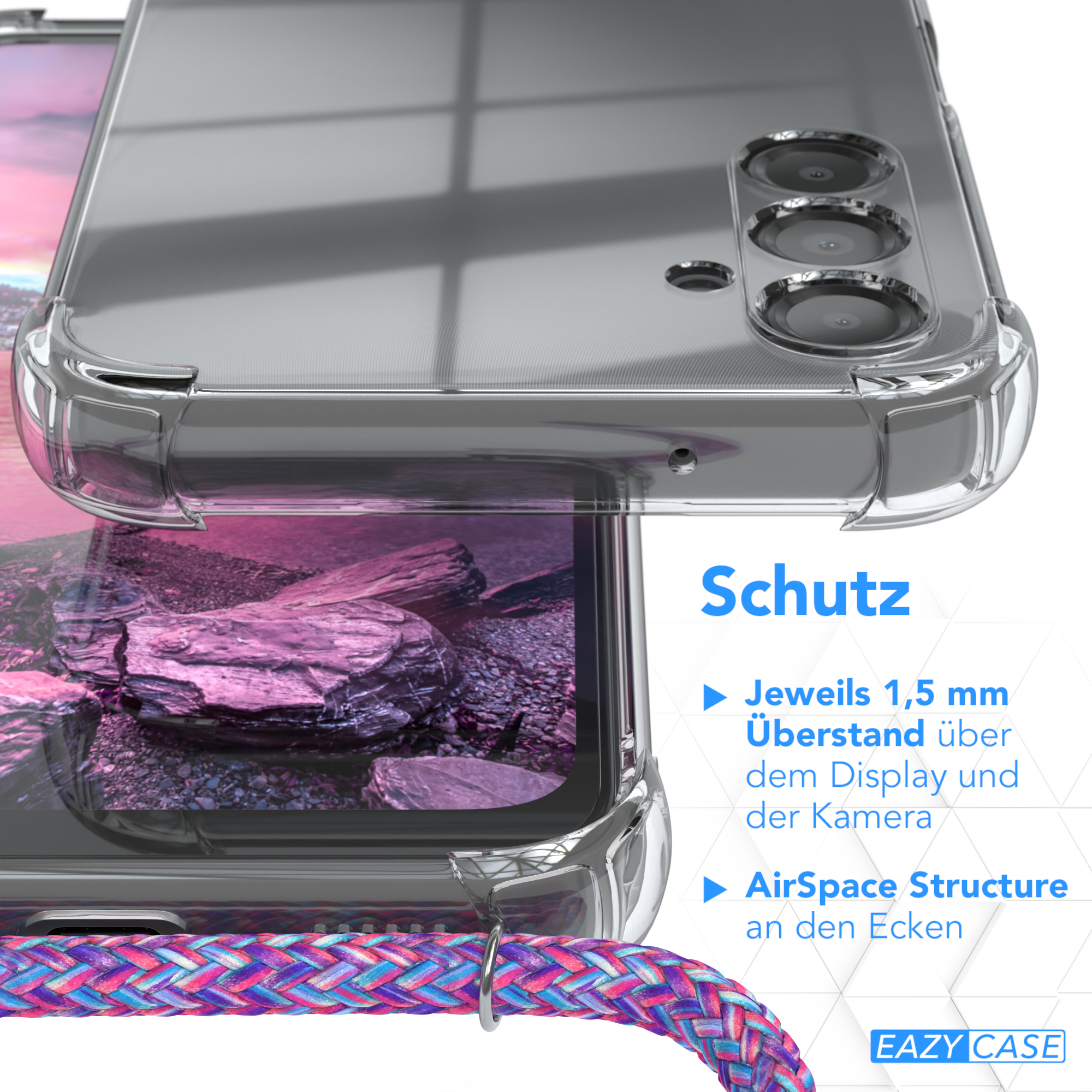 Nahaufnahme einer Handyhülle mit Band. Text über Schutz.