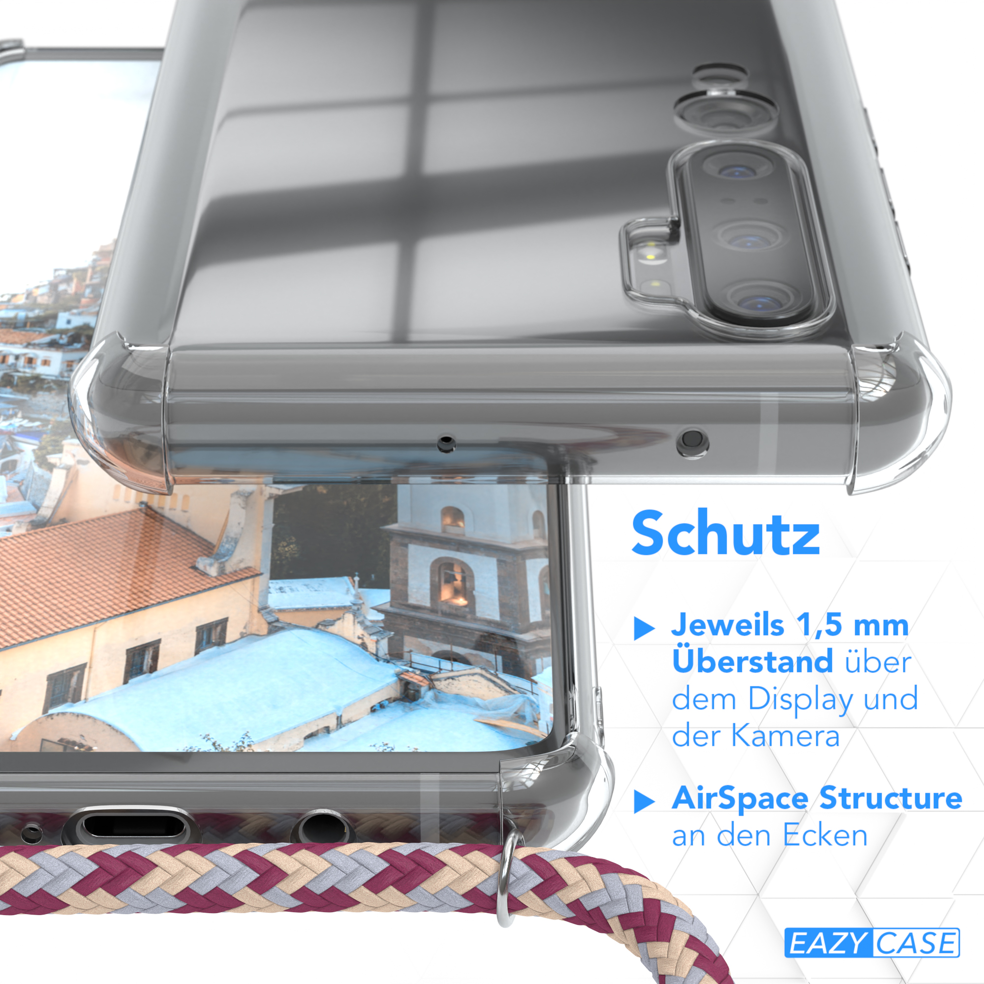 Nahaufnahme einer transparenten Handyhülle mit Kordel. Text hebt Funktionen hervor.