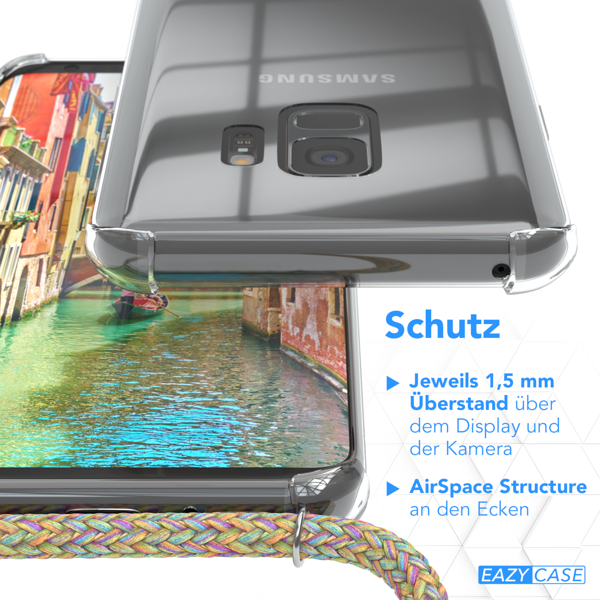 Nahaufnahme einer Handyhülle mit einer Stadt darin. Text über den Schutz ist sichtbar.