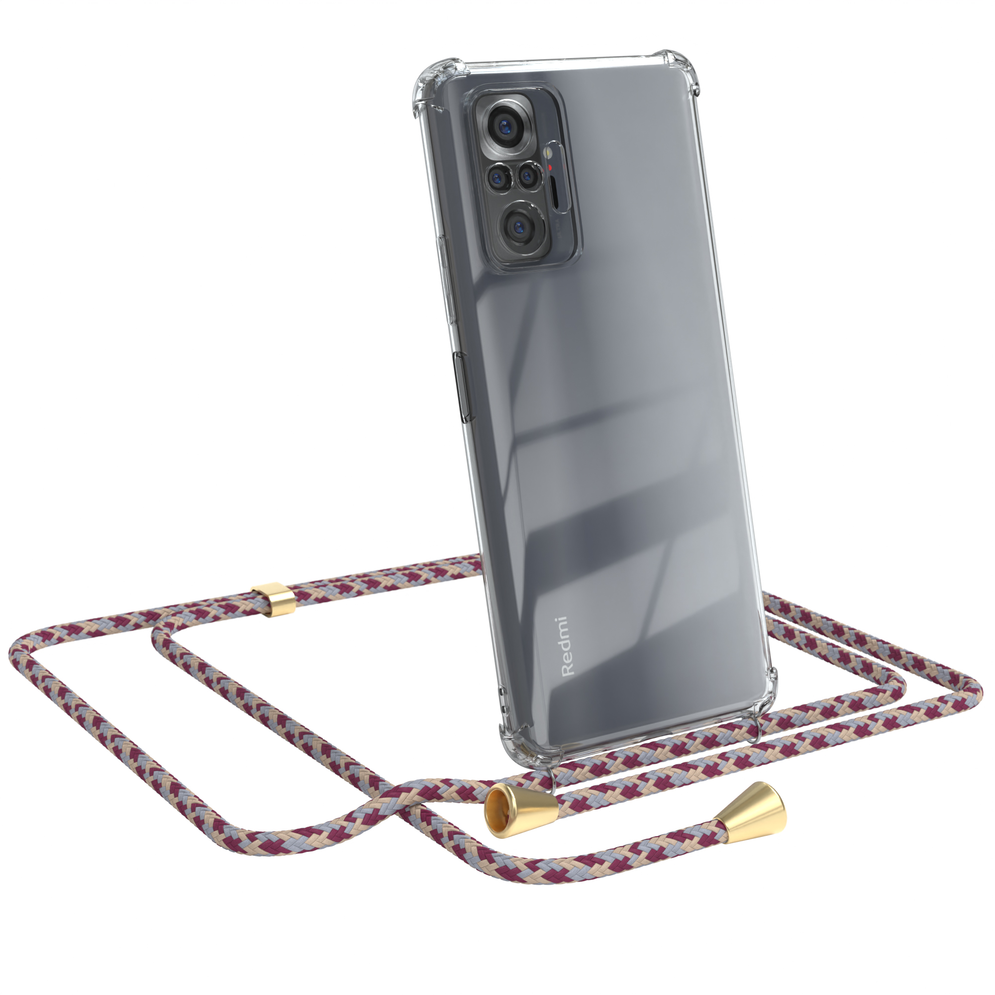Telefon mit transparenter Hülle und Lanyard. Farben: Telefon, transparent, Lanyard, Weiß, Gold. Das Telefon ist Redmi.