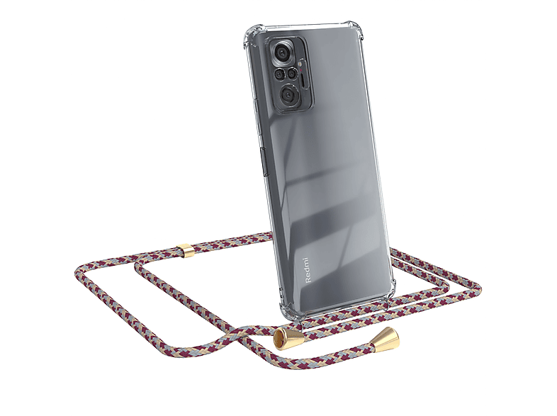 EAZY CASE Clear Cover mit Umhängeband, Umhängetasche, Xiaomi, Redmi Note 10 Pro, Rot Beige Camouflage / Clips Gold