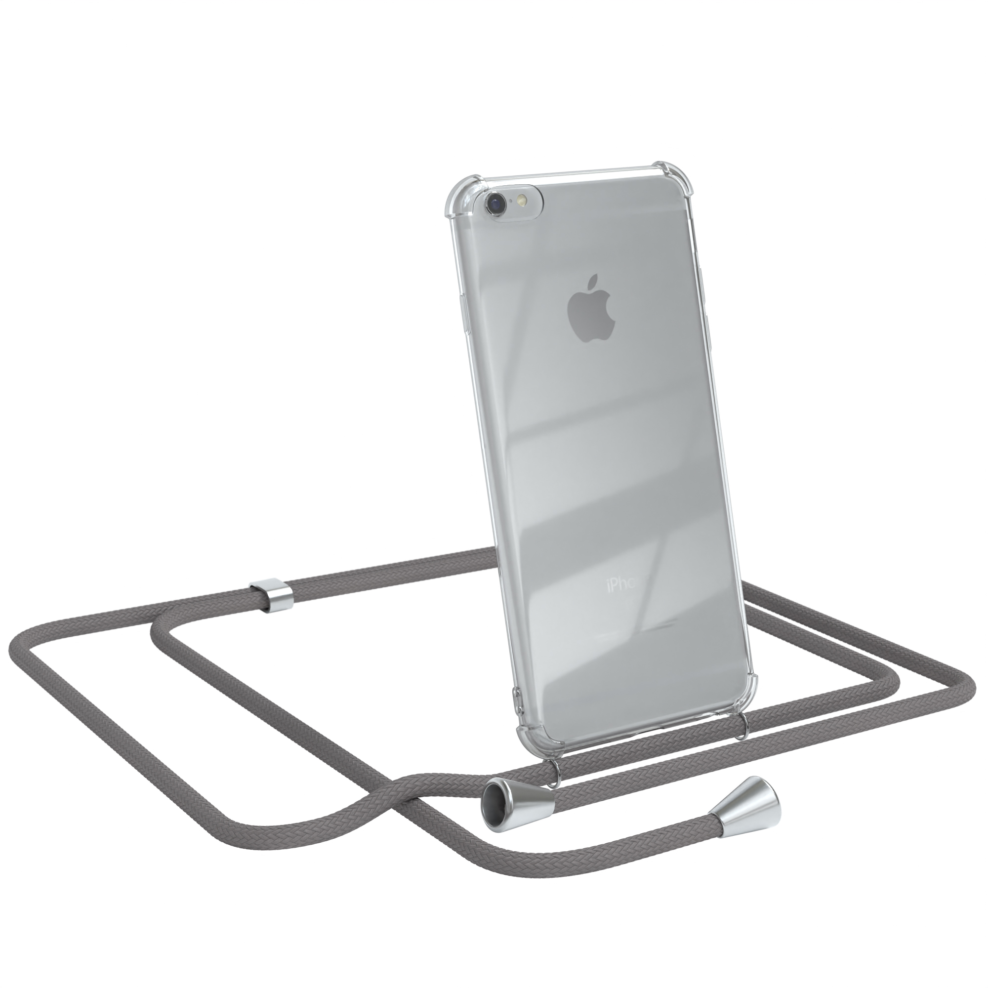 Transparente Handyhülle mit grauem Schlüsselband. Ein Apple-Handy ist drin.