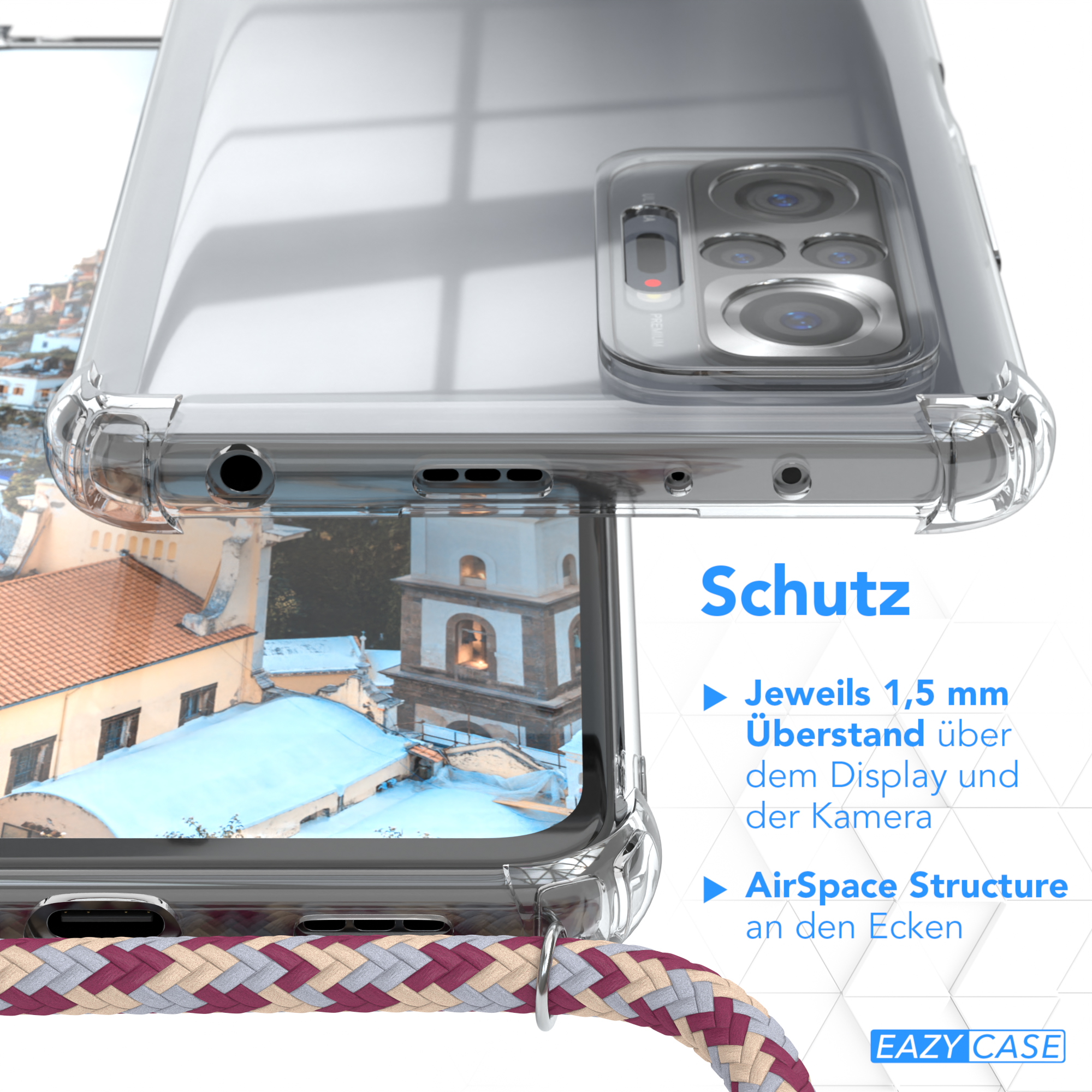 Nahaufnahme der Handyhülle, mit Text, der Schutzfunktionen und das Logo beschreibt.