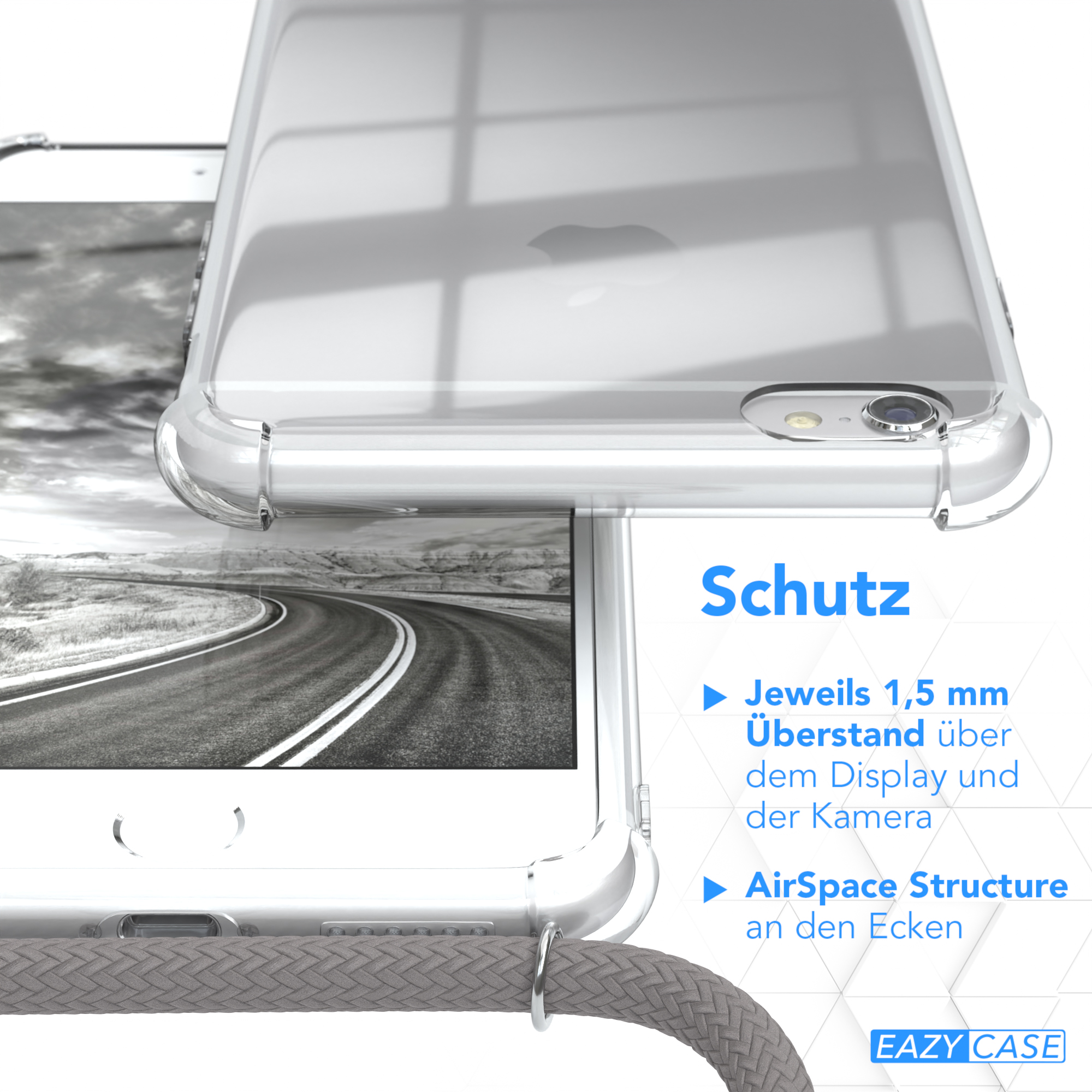 Transparente Handyhülle auf einem Telefon, die Schutzmerkmale und Text über das Produkt zeigt.