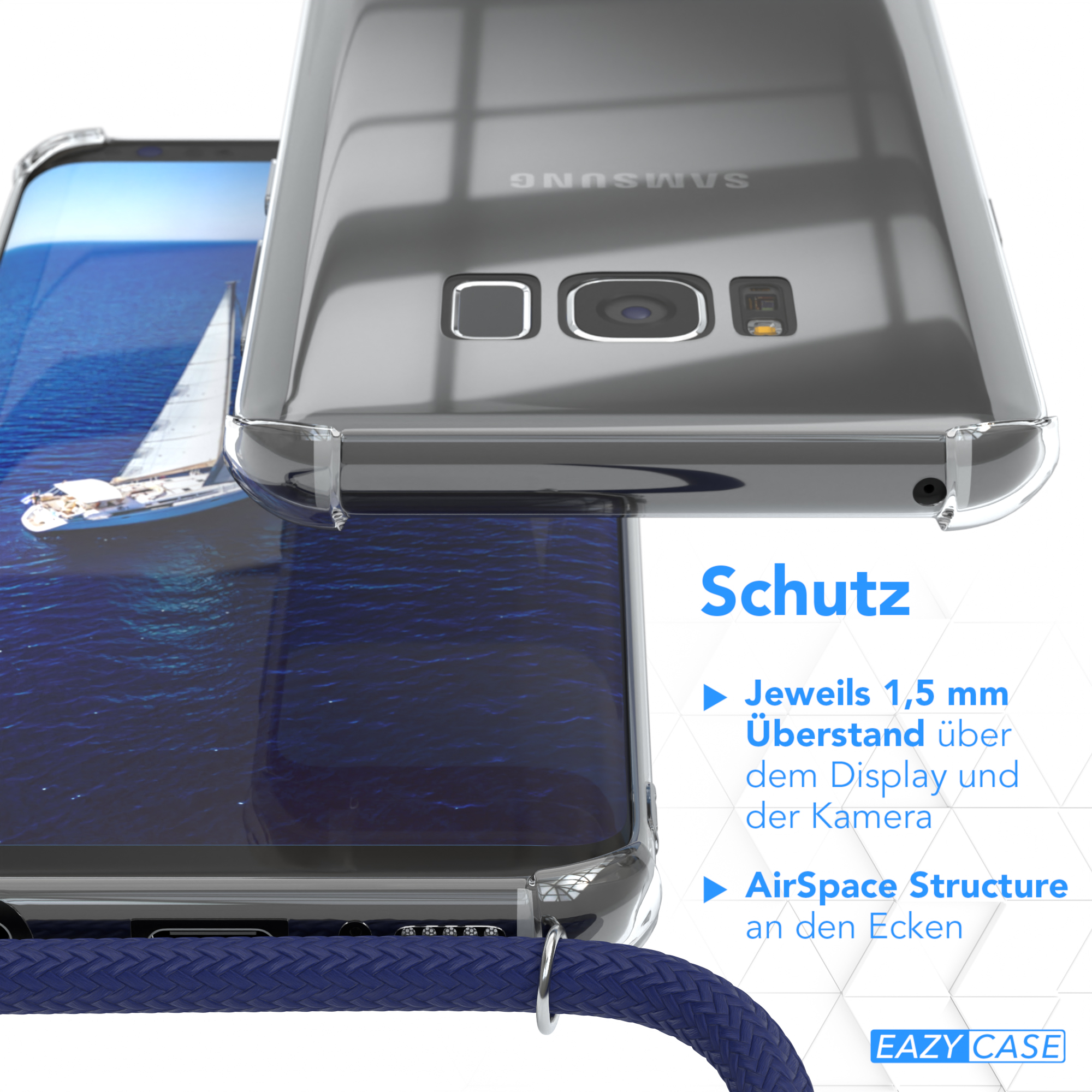 EAZY CASE mit Blau Umhängeband, Umhängetasche, Clips Galaxy S8, Silber Clear Cover Samsung, 