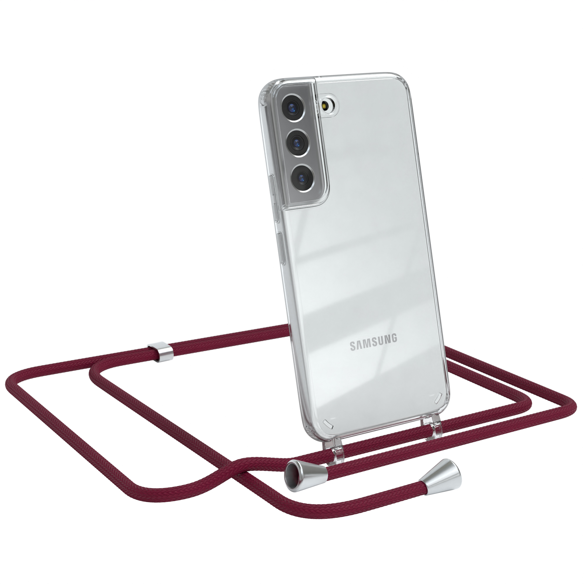 Samsung, CASE Umhängetasche, mit 5G, Umhängeband, Silber S22 Clear Clips Bordeaux Galaxy / Rot EAZY Cover