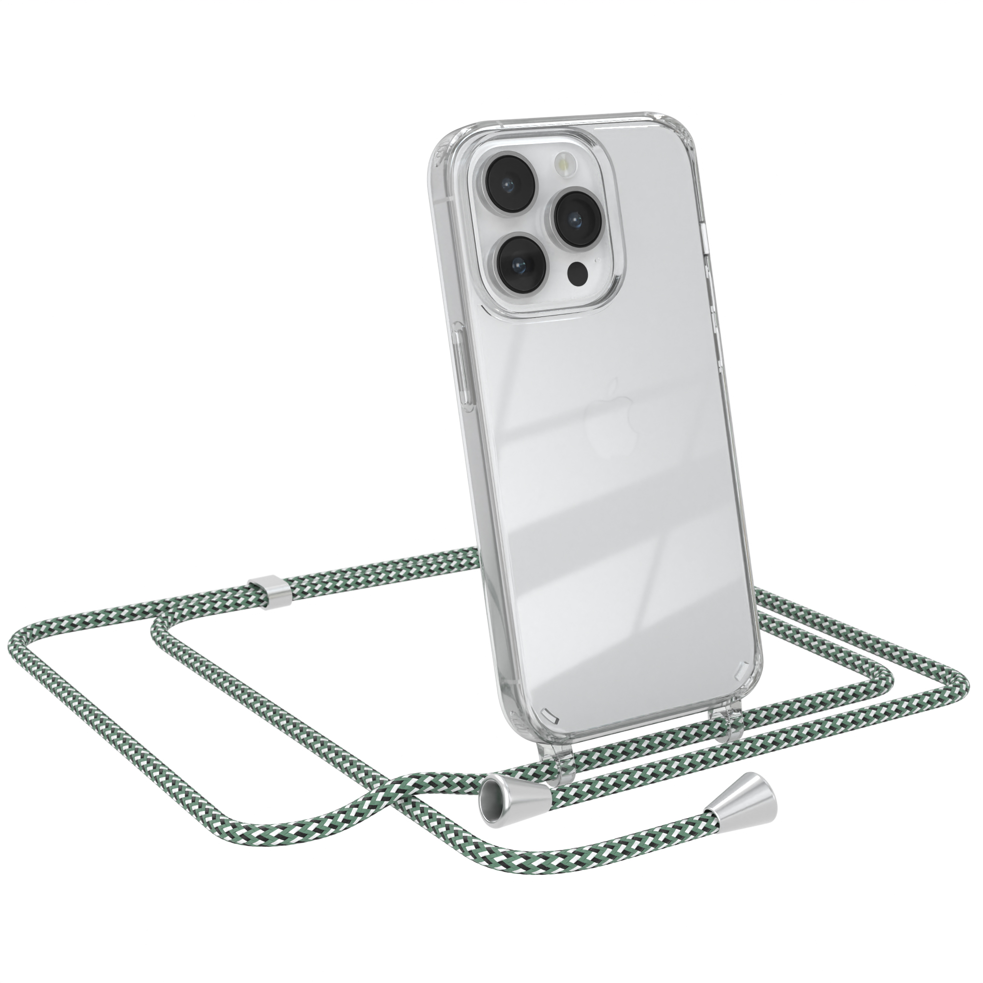 Transparente Handyhülle mit grün-weißem Kordel. Telefon hat mehrere Kameras. Silberne Akzente an den Enden.