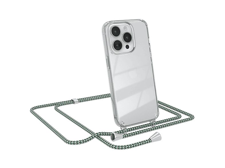 EAZY CASE Clear Cover mit Umhängeband, Umhängetasche, Apple, iPhone 14 Pro, Grün Weiß