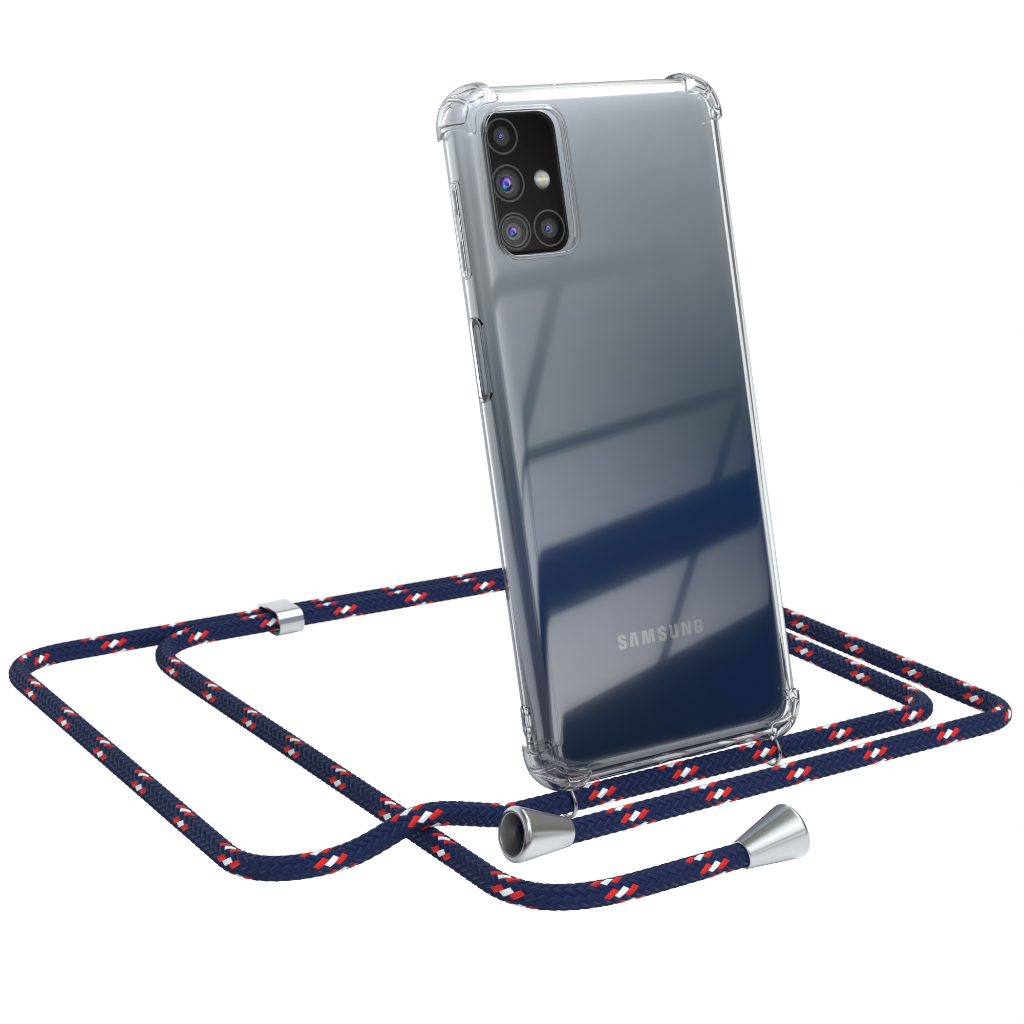 Transparente Handyhülle mit blau-rot-weißem Kordel.