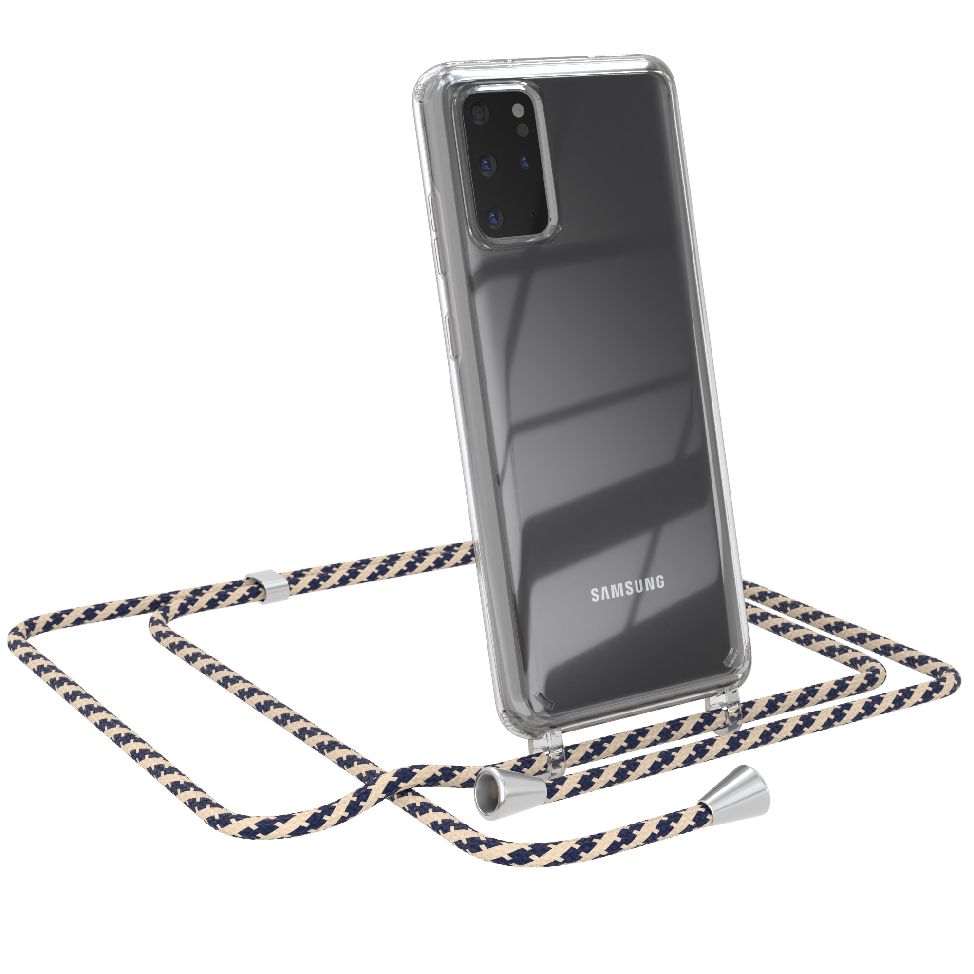 Transparente Handyhülle mit beige-dunkelblauem Kordelband. Schwarzes Handy mit 'SAMSUNG'.