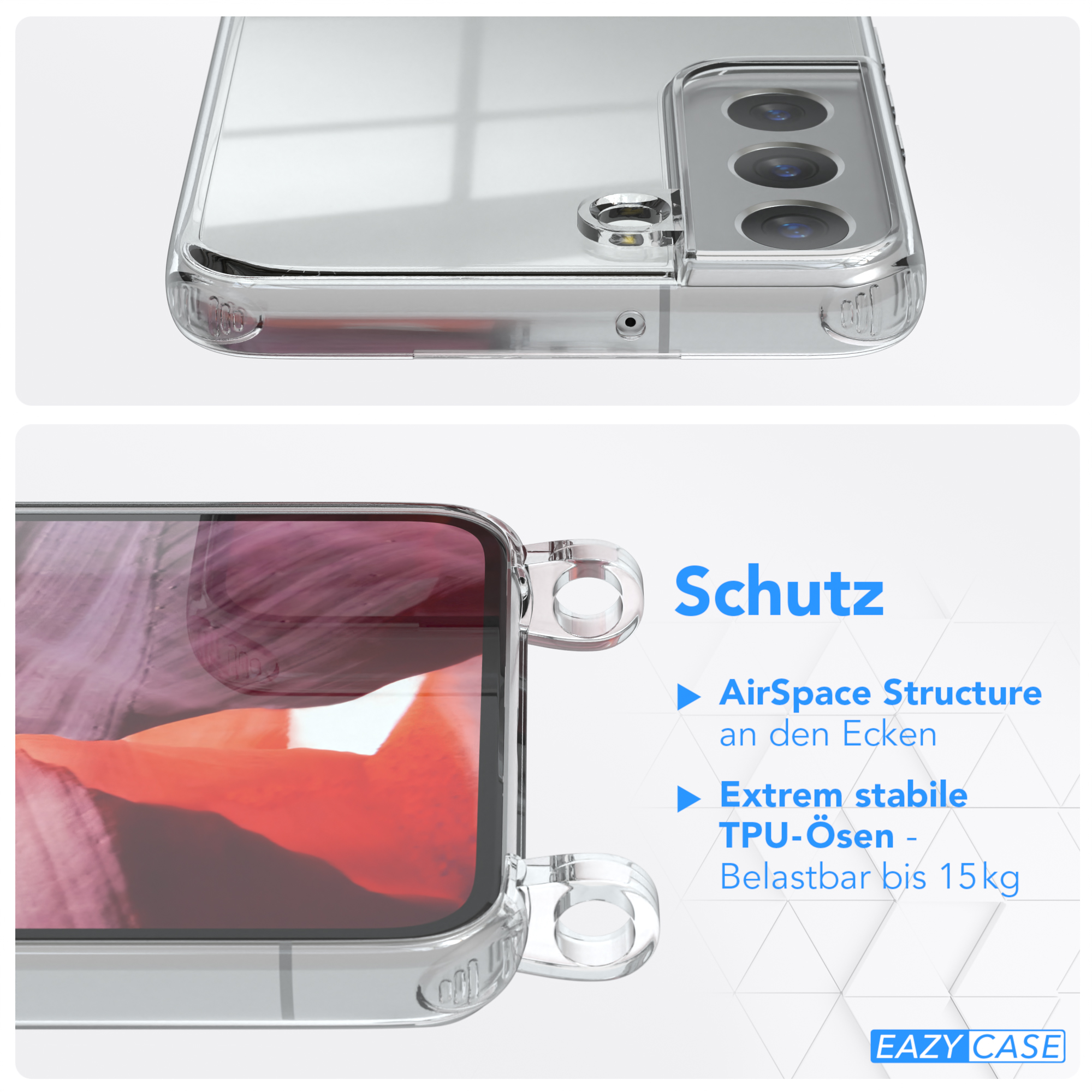 Nahaufnahme einer transparenten Handyhülle mit Telefon. Schutzfunktionen hervorgehoben.