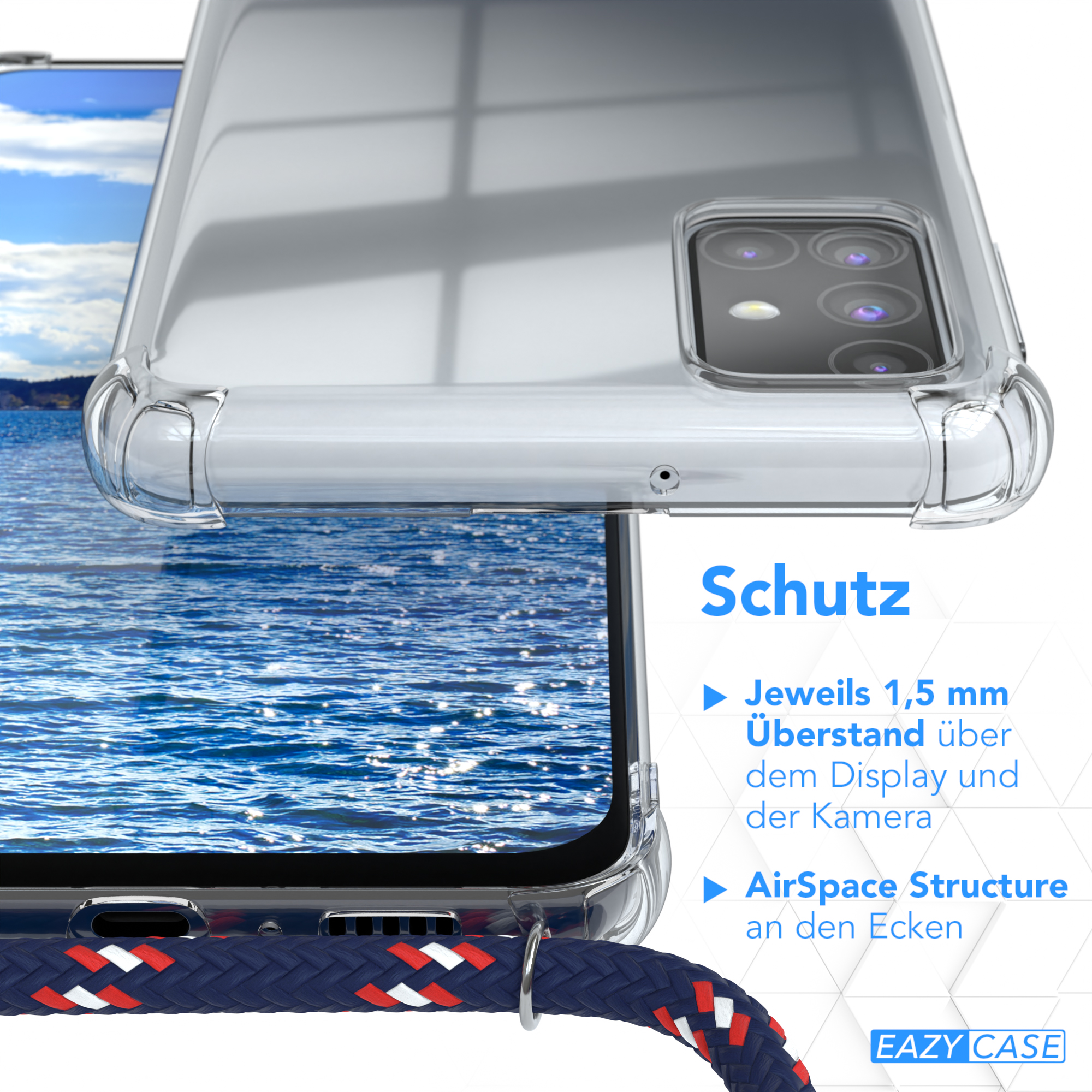 Transparente Handyhülle mit blau-weißem Umhängeband. Text über Schutz sichtbar.