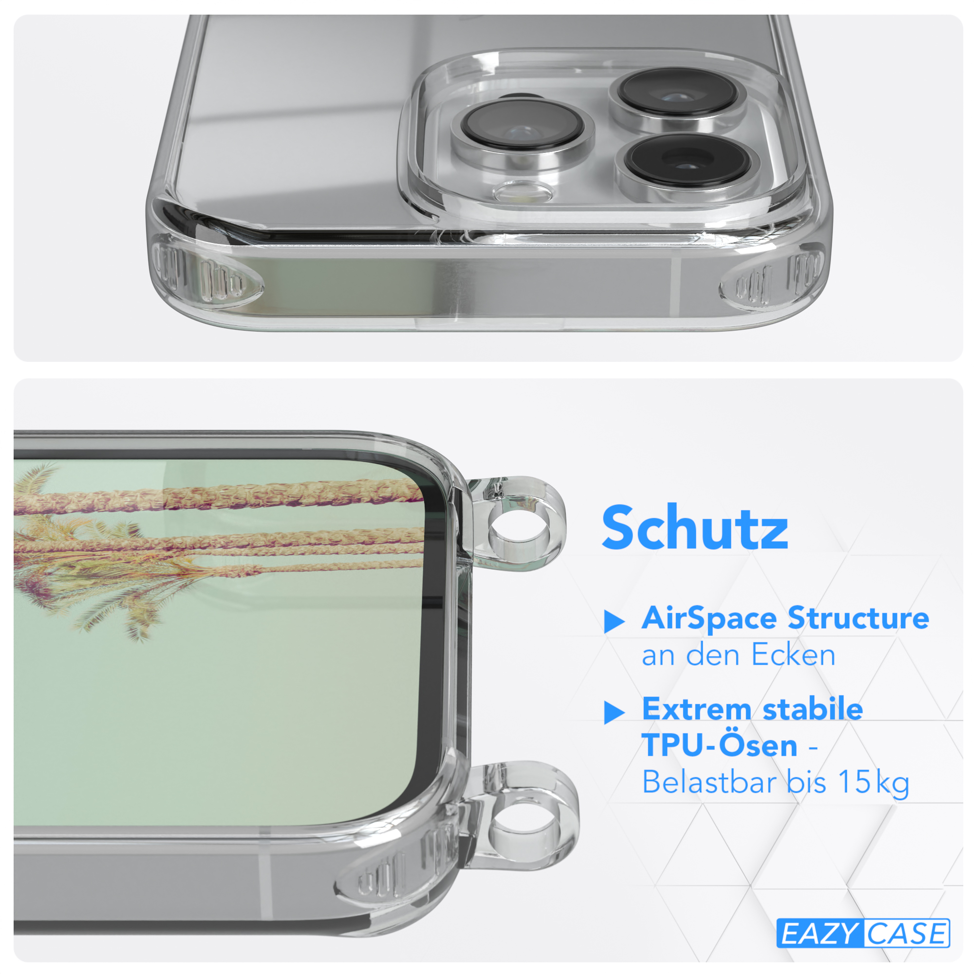 Nahaufnahme eines Telefons in einer transparenten Hülle. Die Hülle hat einen Ring daran befestigt.