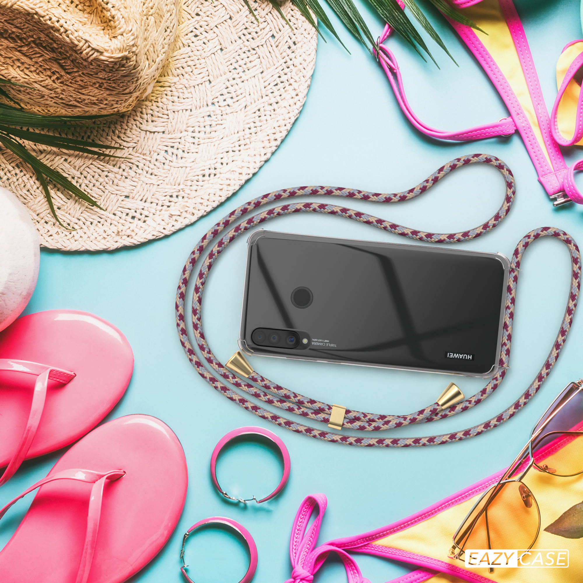 Telefon im Case am Strand mit Sonnenbrille, Flip-Flops und Text: Kabelloses Laden.
