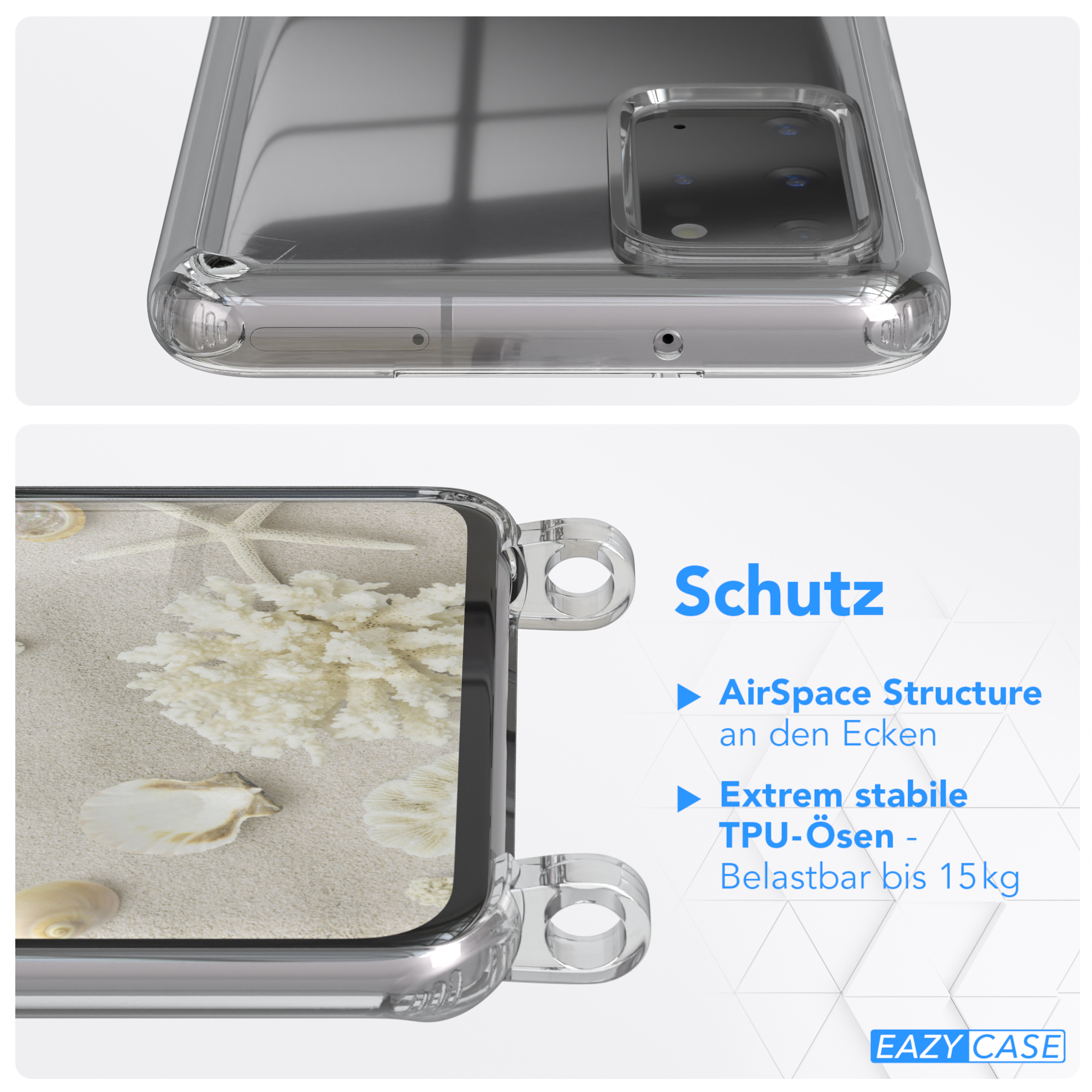 Nahaufnahme einer Handyhülle mit Telefon, zeigt Design und Text Schutz (Schutz).