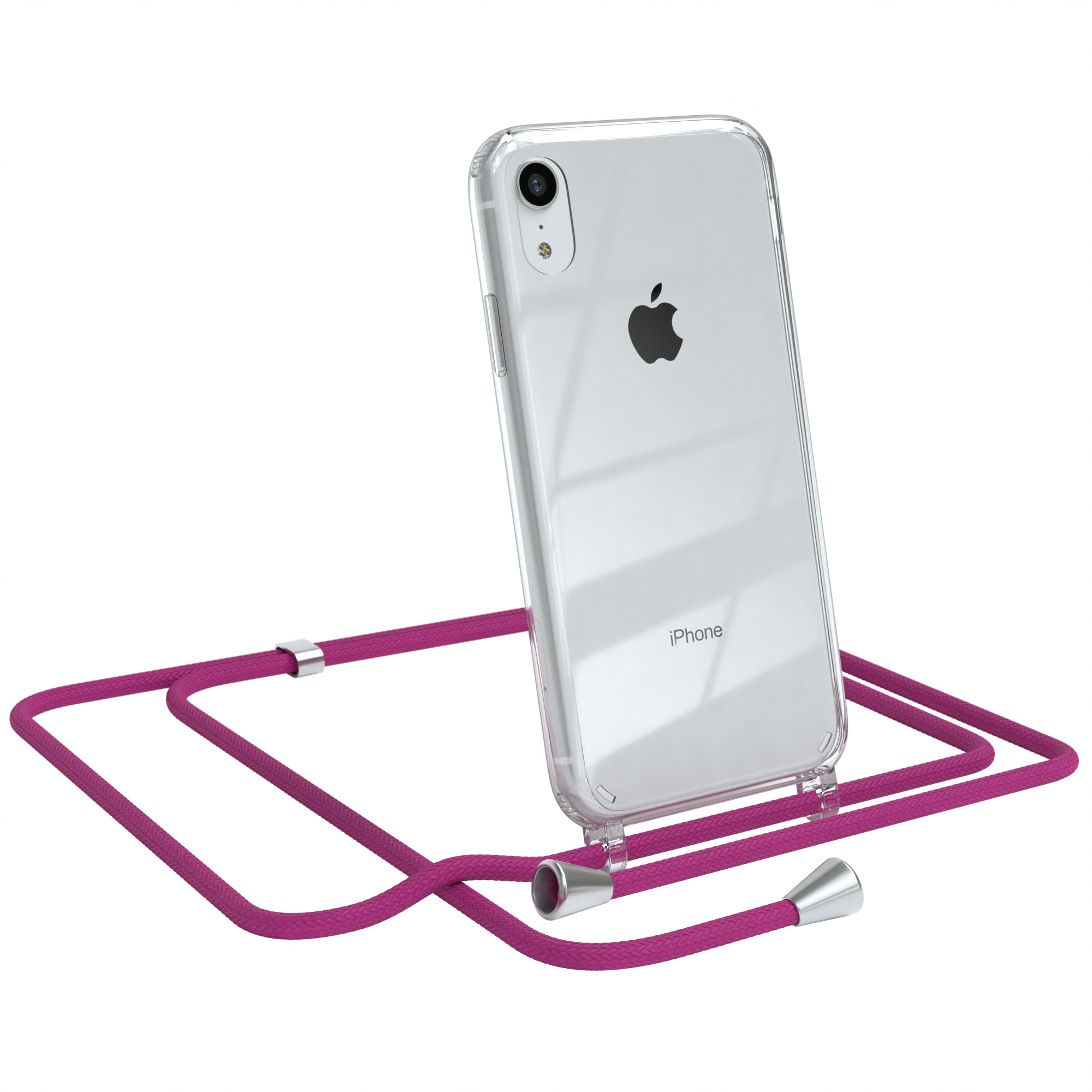 Transparente iPhone-Hülle mit rosa Seil. Apple-Logo sichtbar. Isoliert auf Weiß.