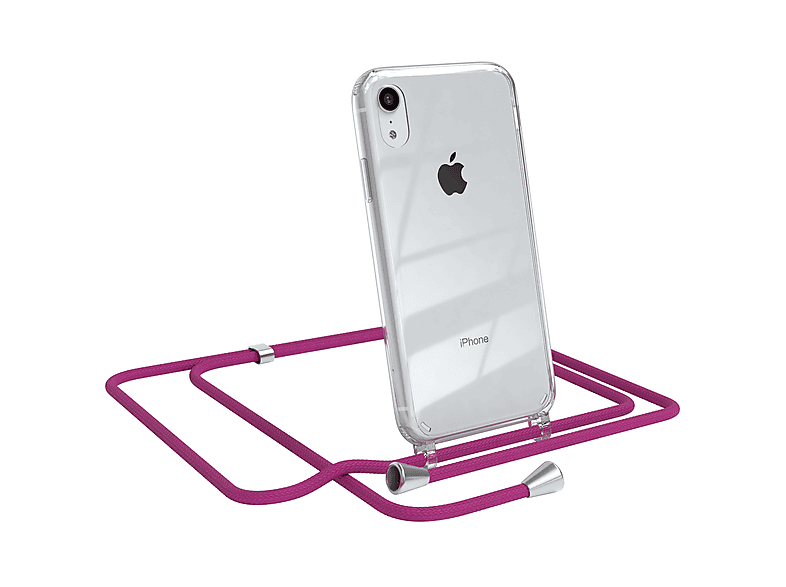 EAZY CASE Clear Cover mit Umhängeband, Umhängetasche, Apple, iPhone XR, Pink / Clips Silber