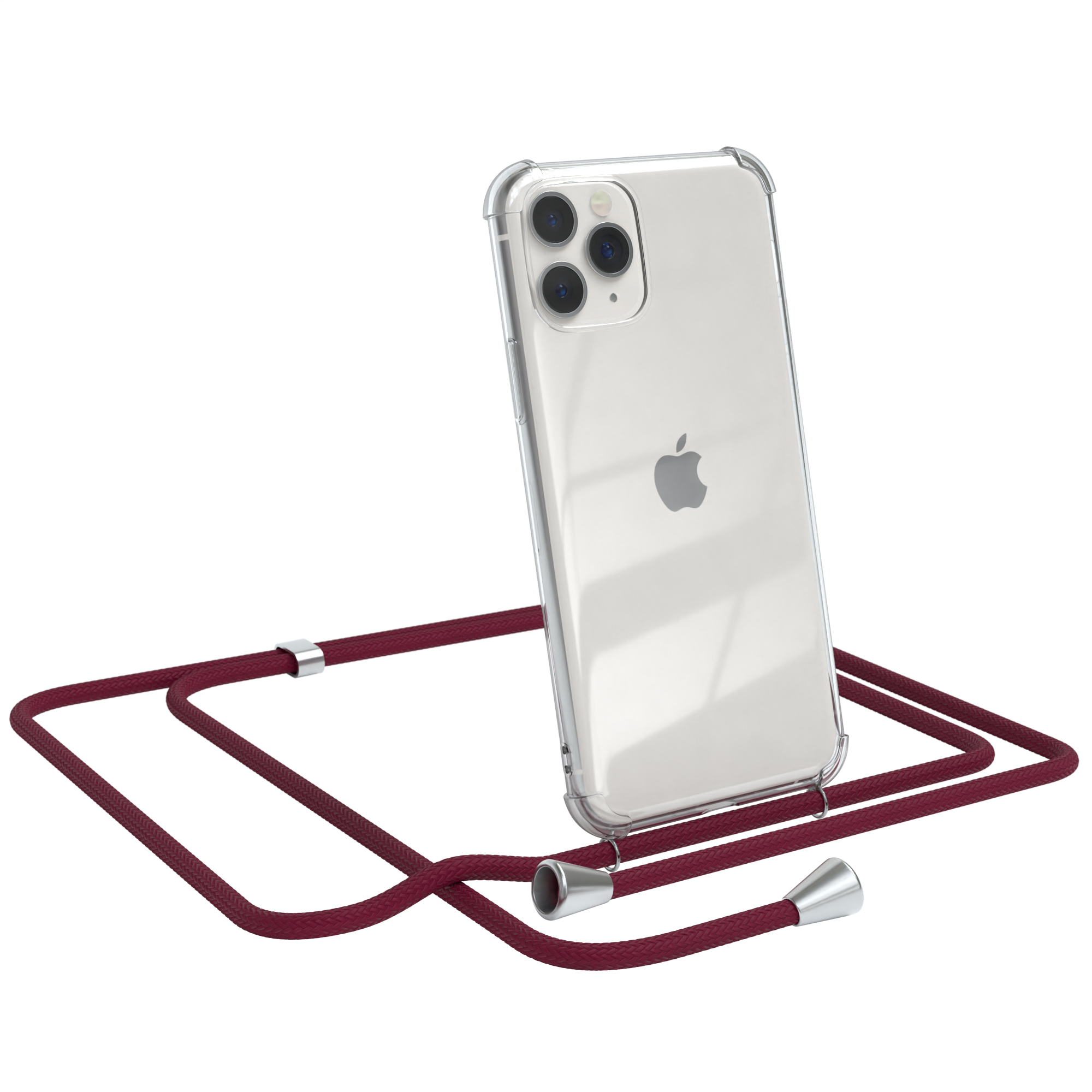 EAZY CASE Rot Apple, 11 Bordeaux Umhängeband, Clips Umhängetasche, / mit Pro, Silber Clear Cover iPhone