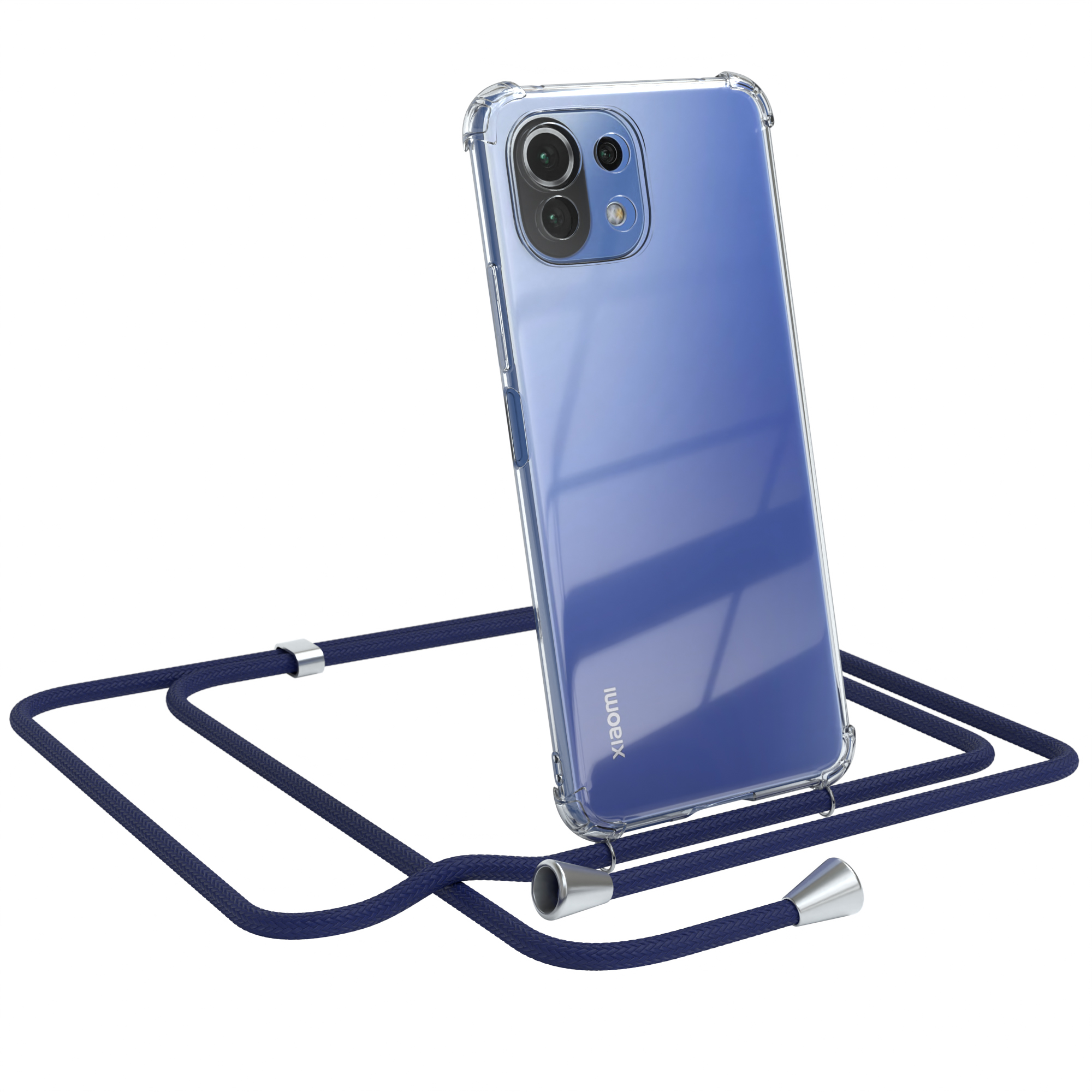 Telefon in klarer Hülle mit blauem Umhängeband.