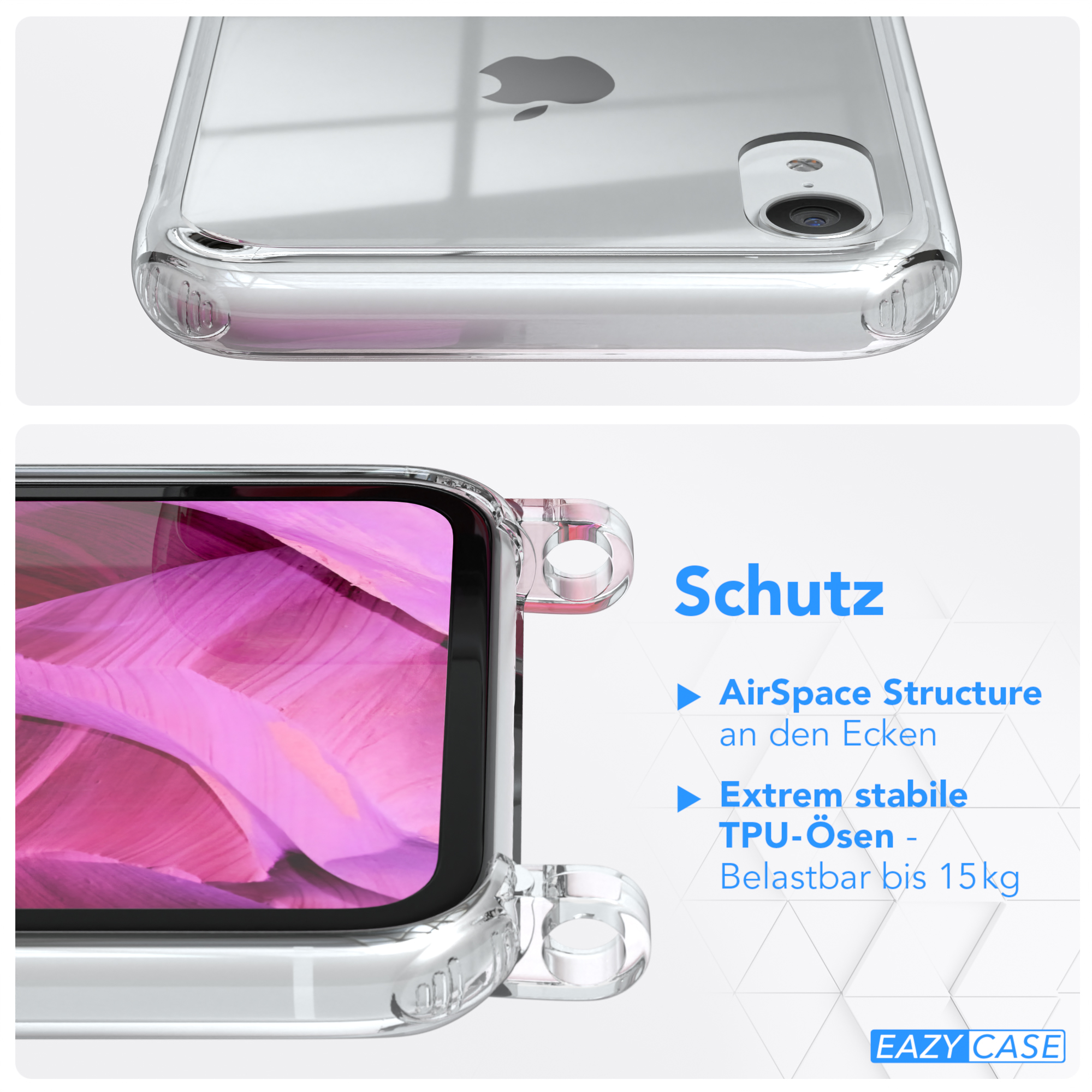Umhängetasche, / Clips Apple, CASE Clear mit XR, Pink iPhone Silber Cover Umhängeband, EAZY