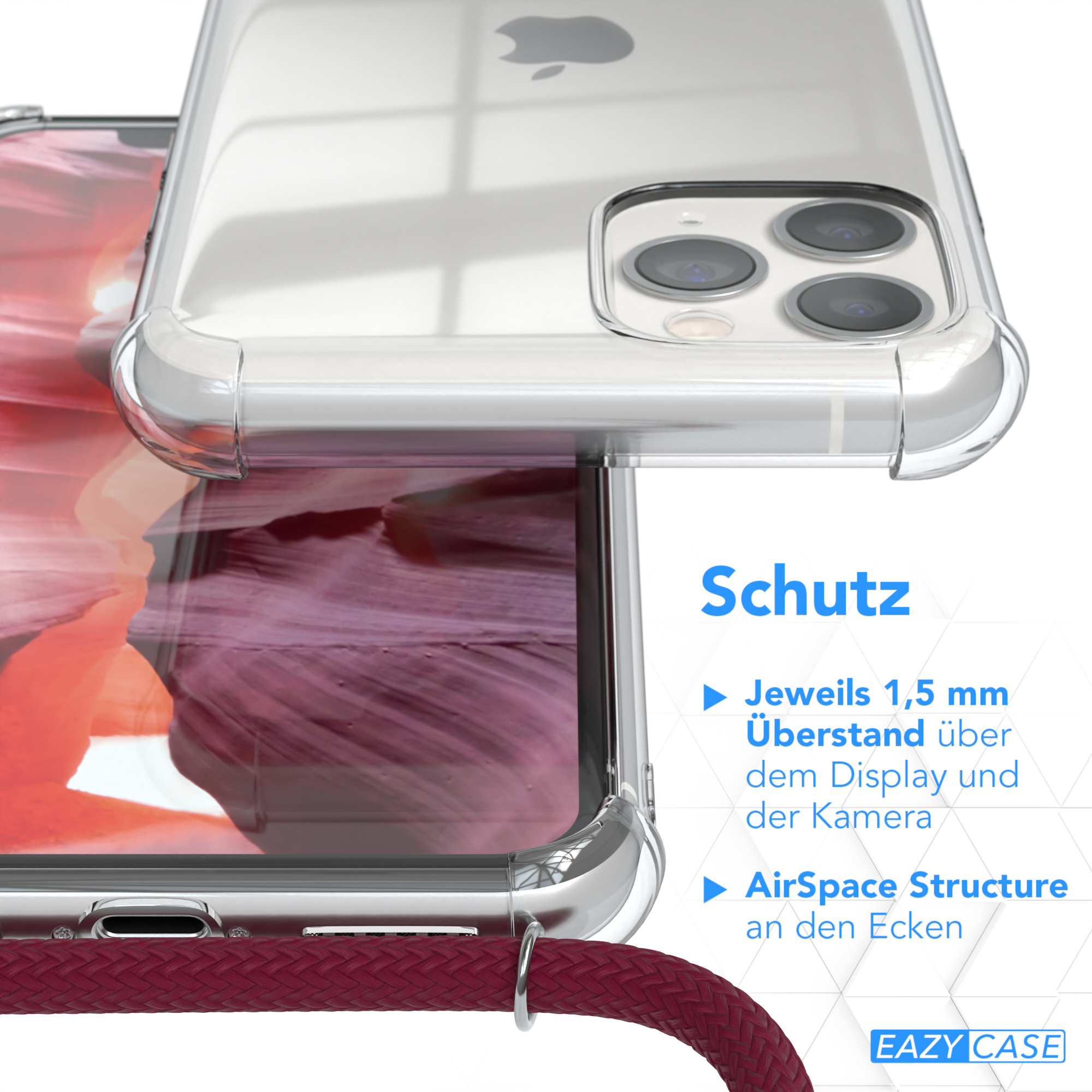 Nahaufnahme einer Handyhülle, die ein Telefon schützt, mit Text, der Schutzfunktionen detailliert.